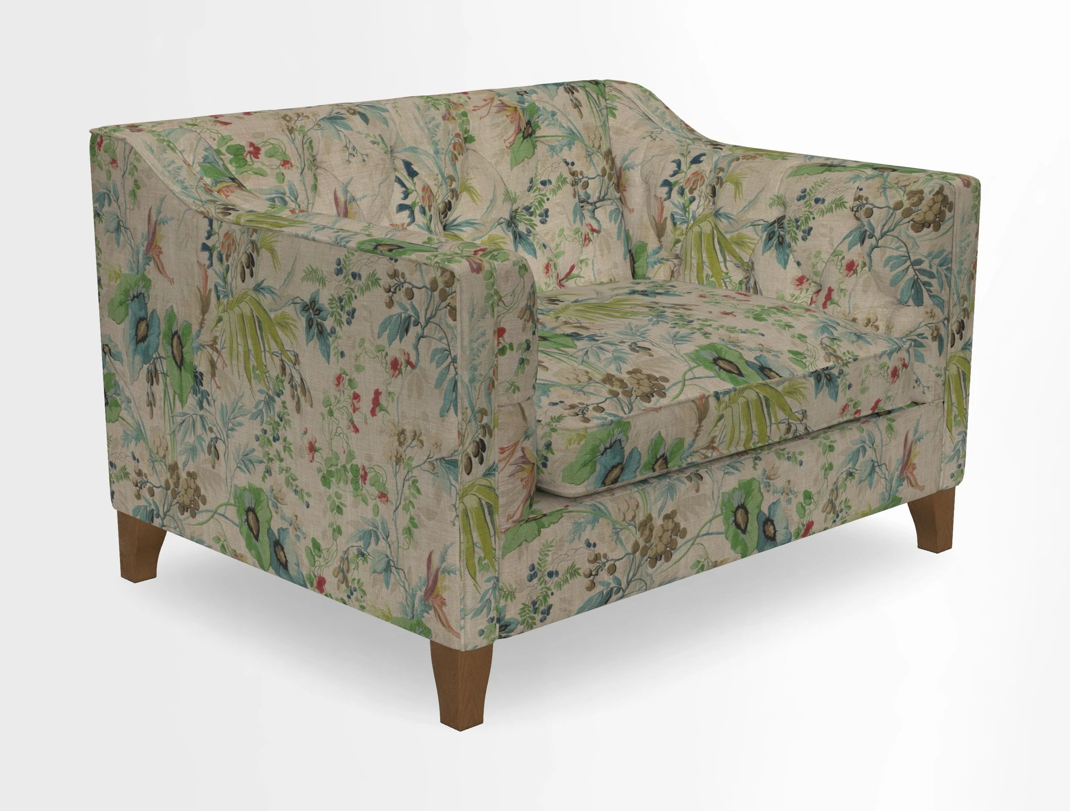 Haresfield Snuggler Dipped Arms in Mohair Lichen Seat Cushion in RHS Gertrude Jekyll Meadow Flower Olive and Scatters in RHS Gertrude Jekyll Folklore Olive