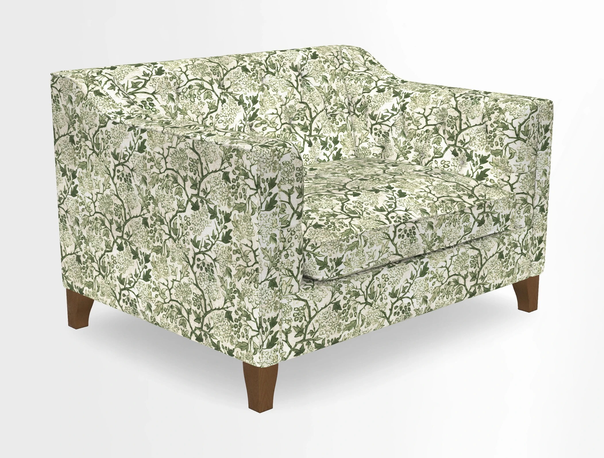 Haresfield Snuggler Dipped Arms in Mohair Lichen Seat Cushion in RHS Gertrude Jekyll Meadow Flower Olive and Scatters in RHS Gertrude Jekyll Folklore Olive