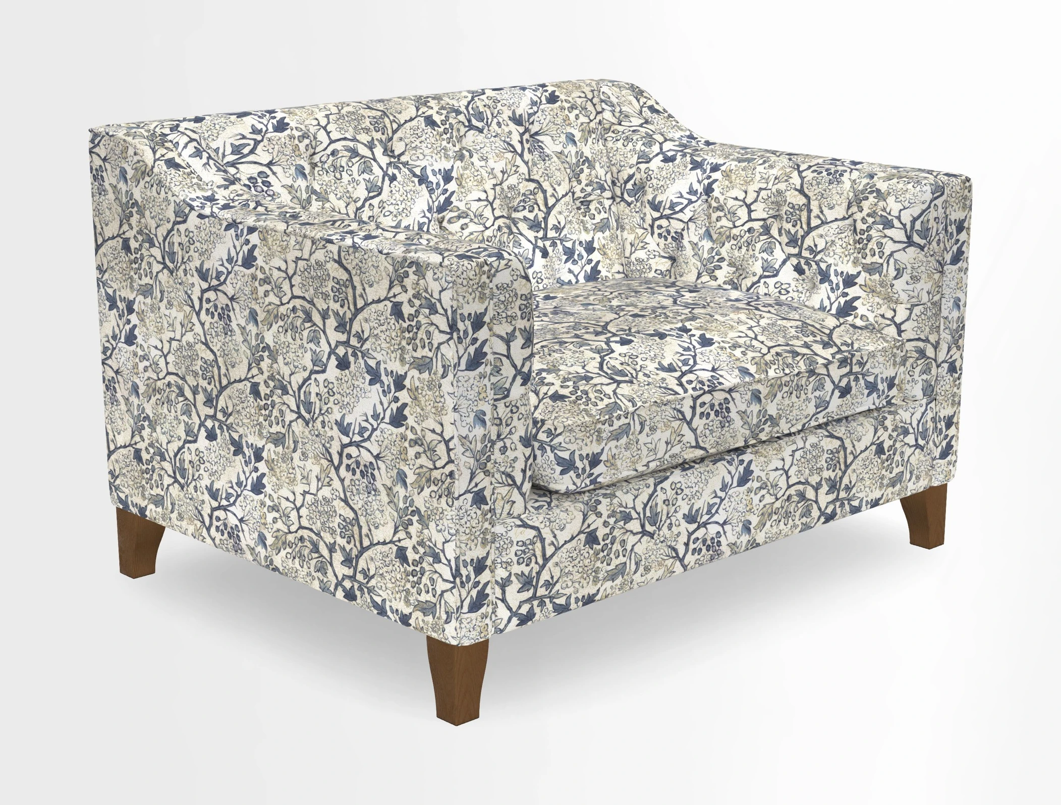 Haresfield Snuggler Dipped Arms in Mohair Lichen Seat Cushion in RHS Gertrude Jekyll Meadow Flower Olive and Scatters in RHS Gertrude Jekyll Folklore Olive