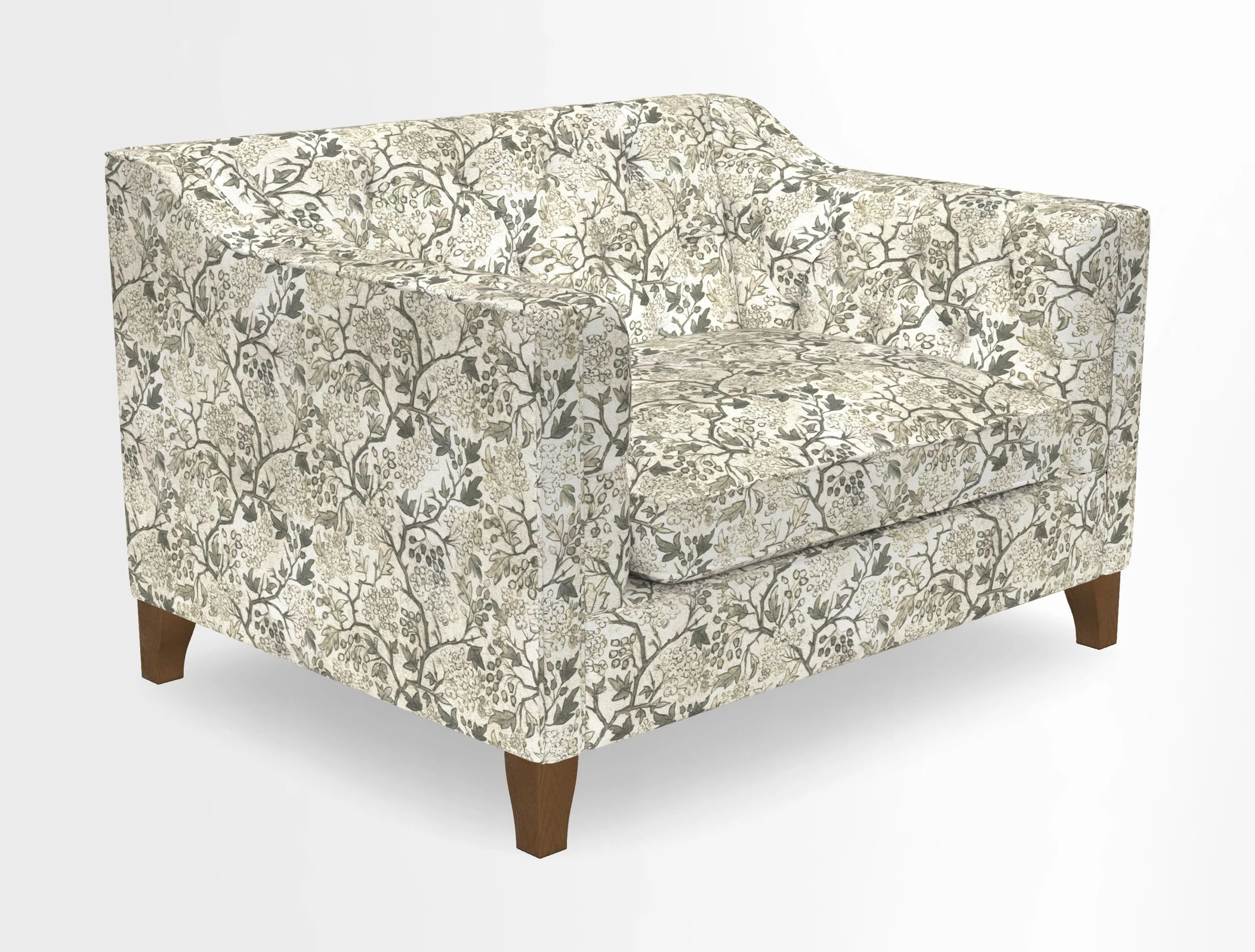 Haresfield Snuggler Dipped Arms in Mohair Lichen Seat Cushion in RHS Gertrude Jekyll Meadow Flower Olive and Scatters in RHS Gertrude Jekyll Folklore Olive