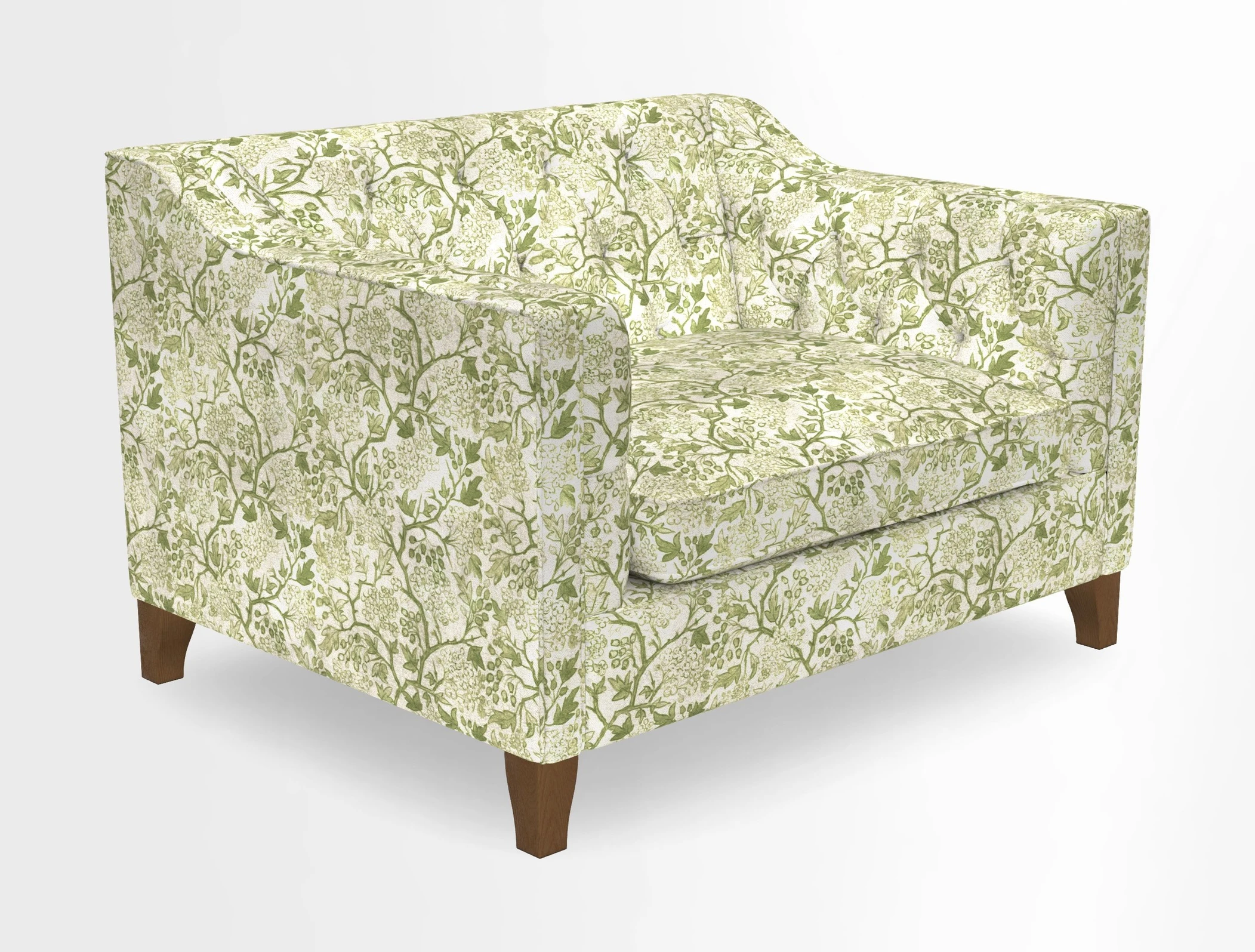 Haresfield Snuggler Dipped Arms in Mohair Lichen Seat Cushion in RHS Gertrude Jekyll Meadow Flower Olive and Scatters in RHS Gertrude Jekyll Folklore Olive