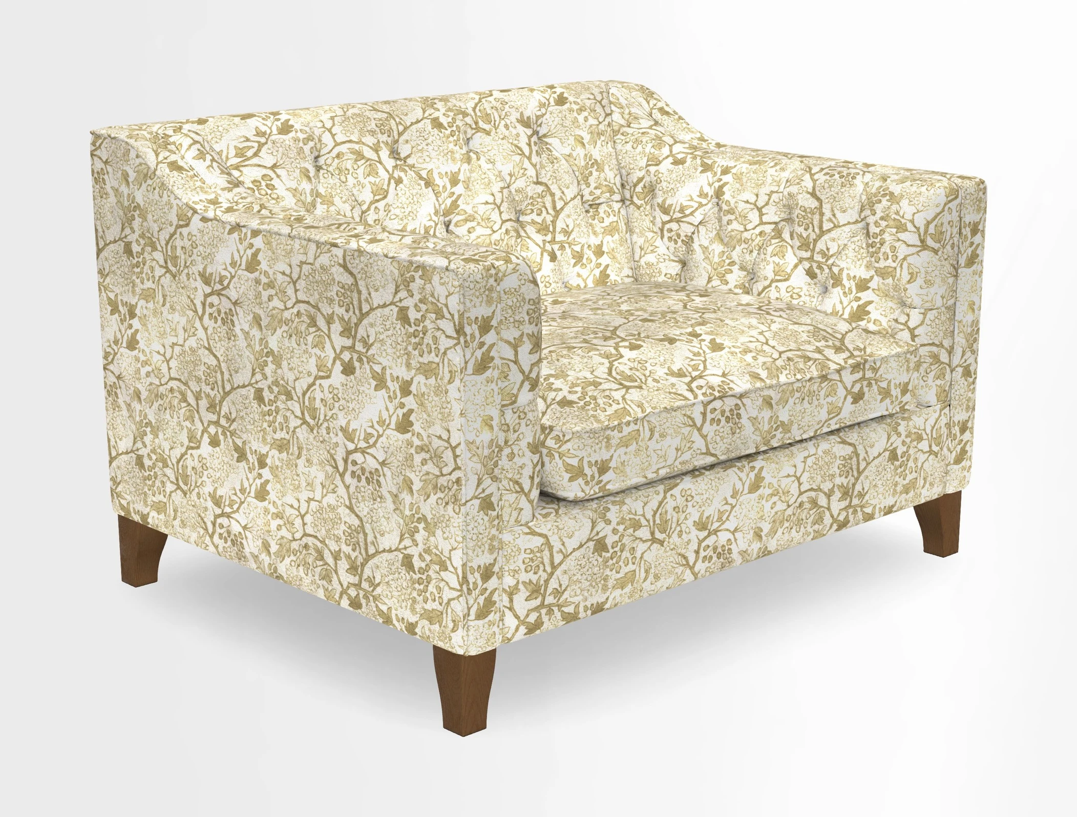 Haresfield Snuggler Dipped Arms in Mohair Lichen Seat Cushion in RHS Gertrude Jekyll Meadow Flower Olive and Scatters in RHS Gertrude Jekyll Folklore Olive