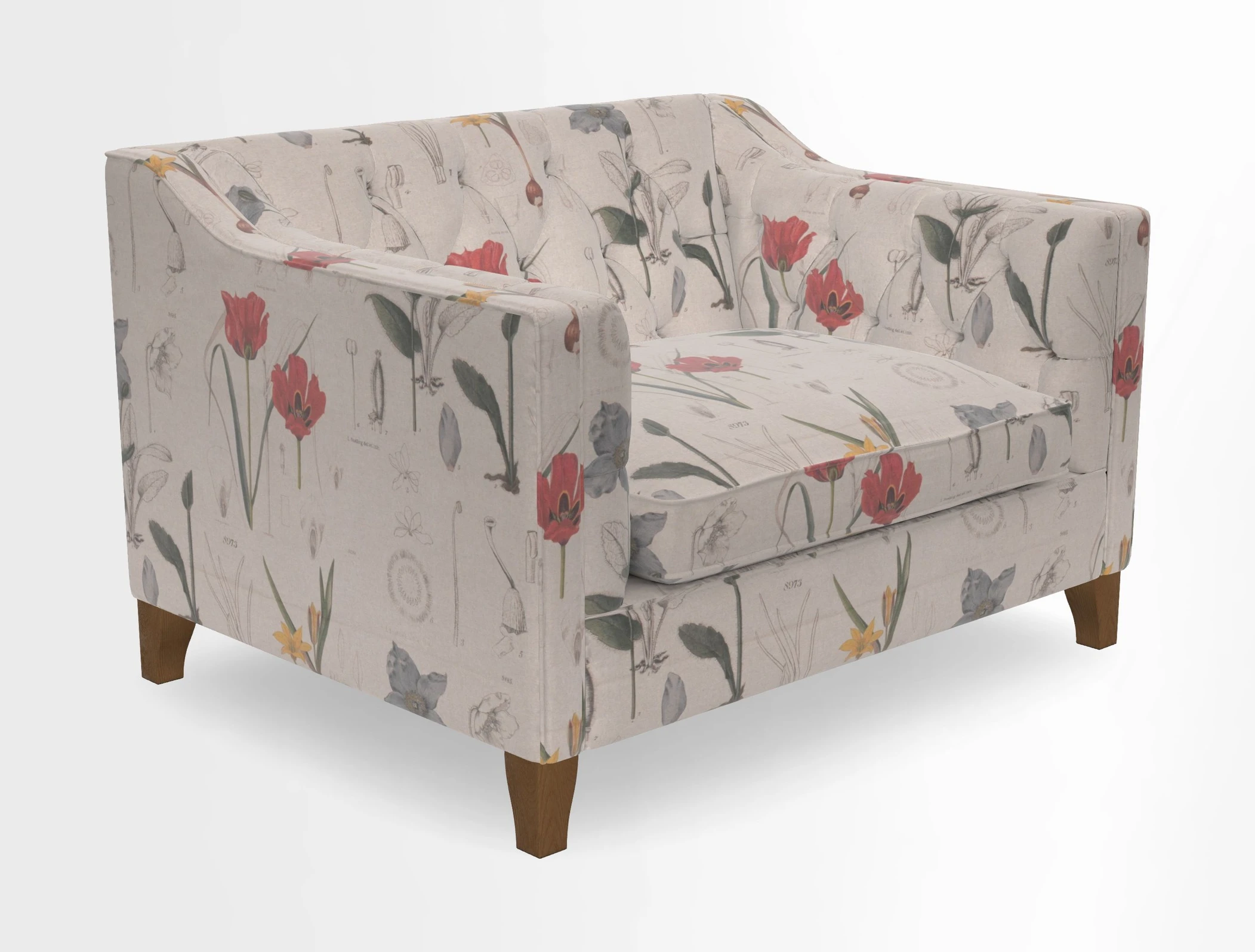 Haresfield Snuggler Dipped Arms in Mohair Lichen Seat Cushion in RHS Gertrude Jekyll Meadow Flower Olive and Scatters in RHS Gertrude Jekyll Folklore Olive