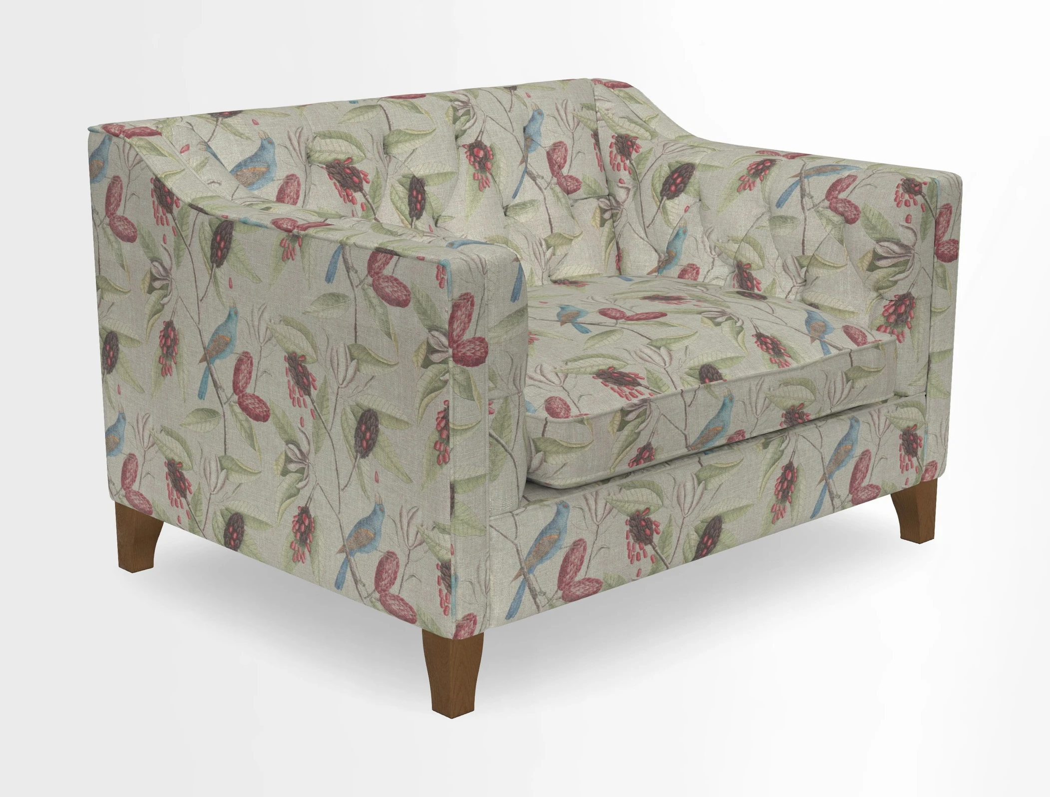 Haresfield Snuggler Dipped Arms in Mohair Lichen Seat Cushion in RHS Gertrude Jekyll Meadow Flower Olive and Scatters in RHS Gertrude Jekyll Folklore Olive