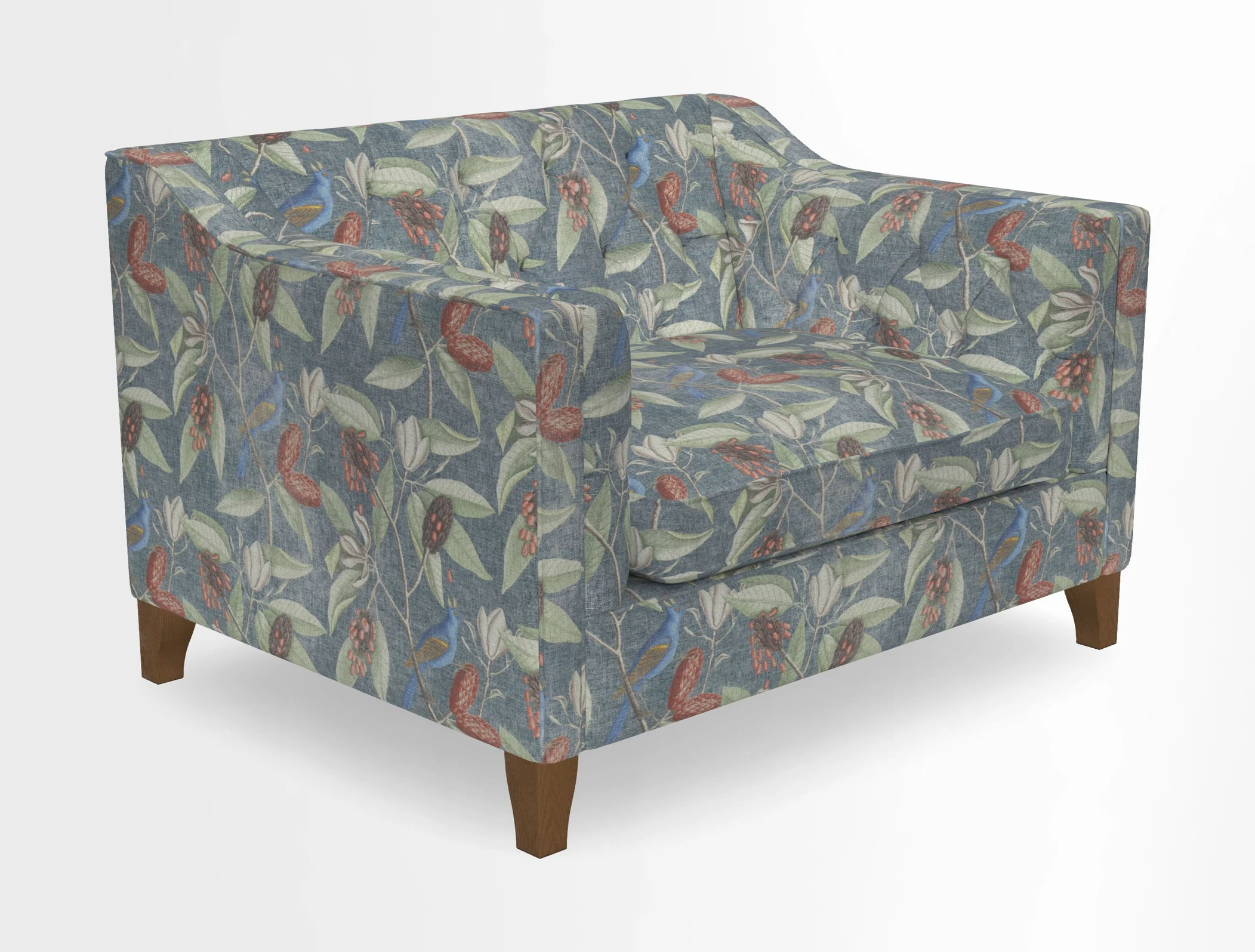 Haresfield Snuggler Dipped Arms in Mohair Lichen Seat Cushion in RHS Gertrude Jekyll Meadow Flower Olive and Scatters in RHS Gertrude Jekyll Folklore Olive