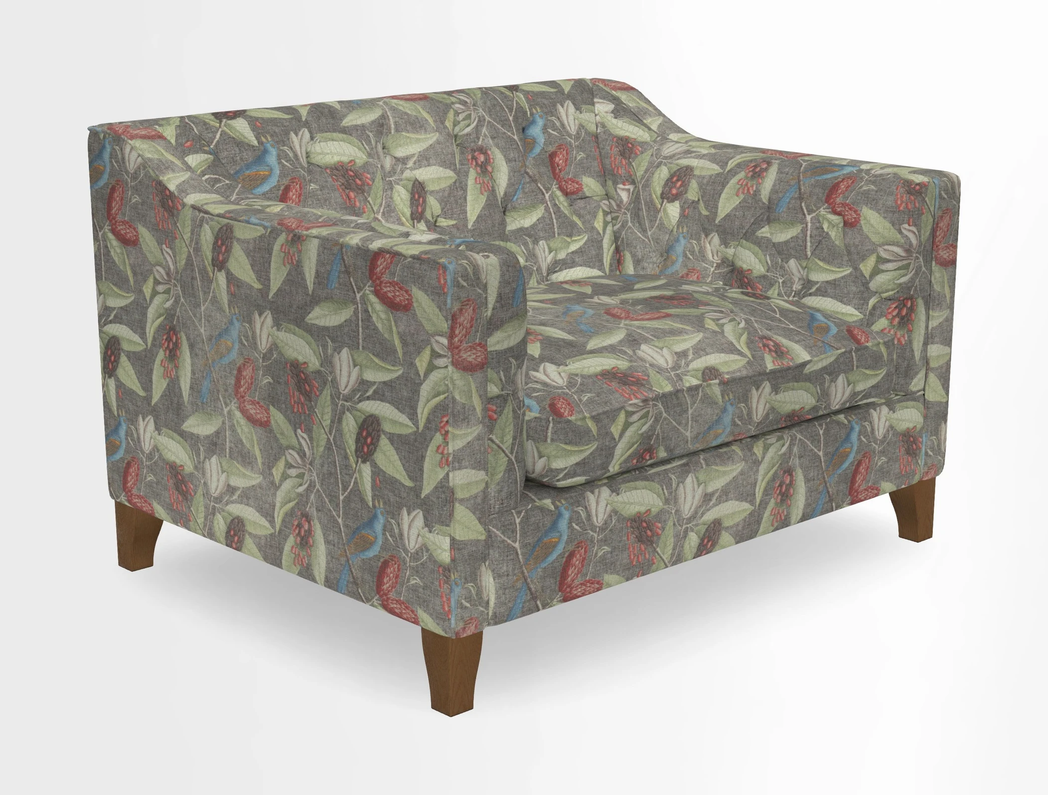 Haresfield Snuggler Dipped Arms in Mohair Lichen Seat Cushion in RHS Gertrude Jekyll Meadow Flower Olive and Scatters in RHS Gertrude Jekyll Folklore Olive