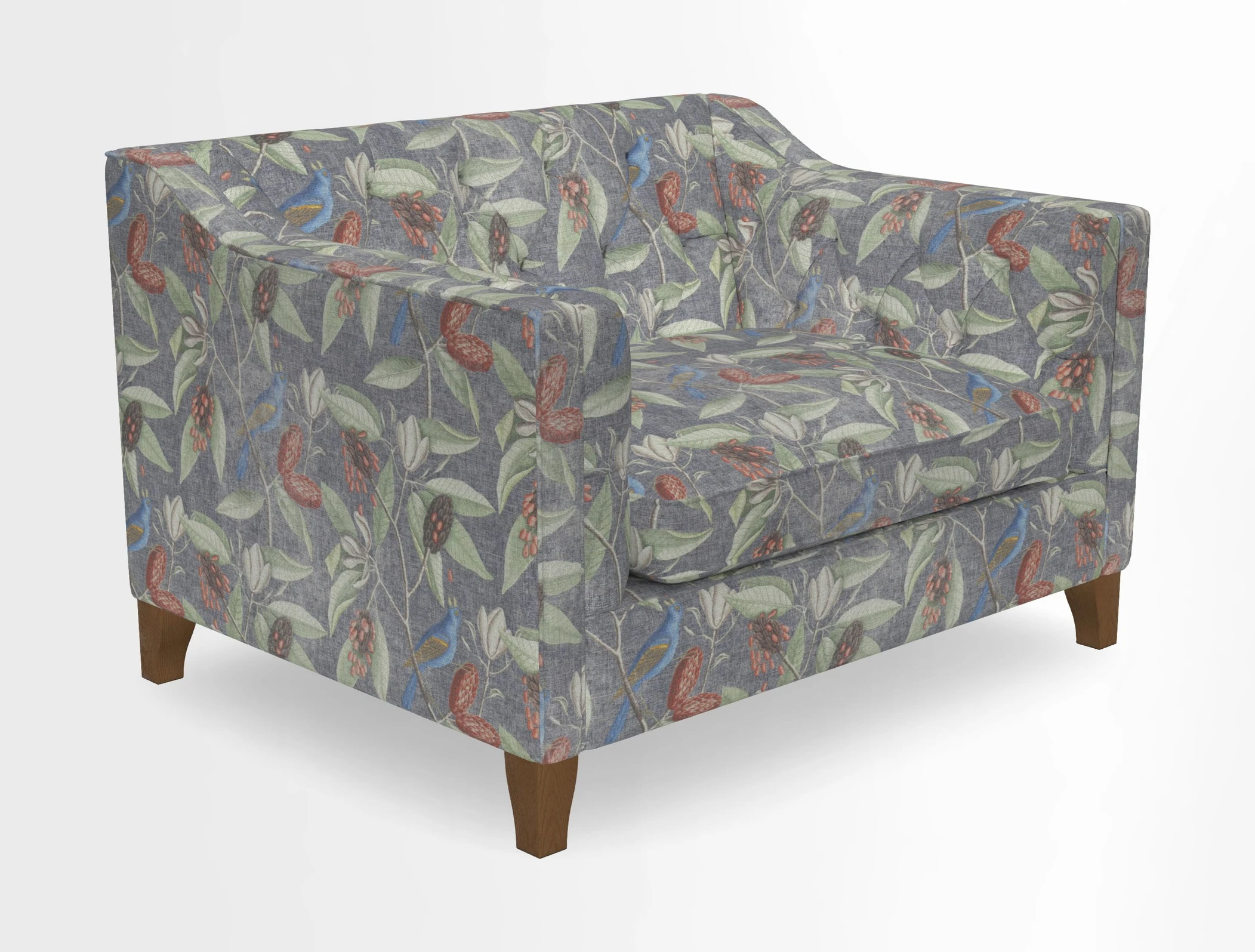 Haresfield Snuggler Dipped Arms in Mohair Lichen Seat Cushion in RHS Gertrude Jekyll Meadow Flower Olive and Scatters in RHS Gertrude Jekyll Folklore Olive