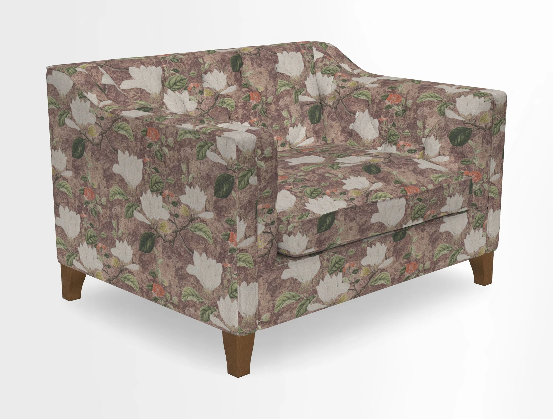 Haresfield Snuggler Dipped Arms in Mohair Lichen Seat Cushion in RHS Gertrude Jekyll Meadow Flower Olive and Scatters in RHS Gertrude Jekyll Folklore Olive
