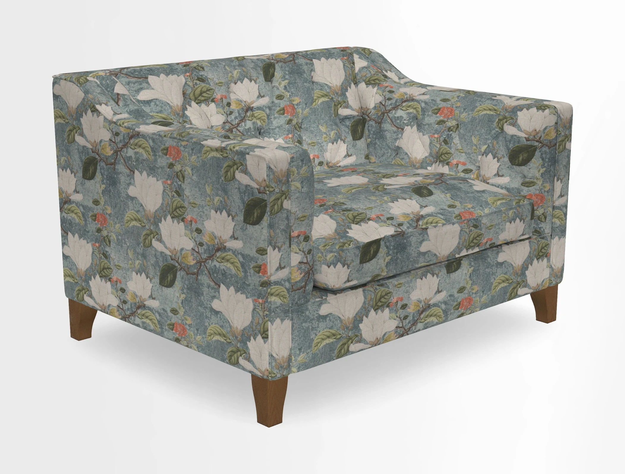 Haresfield Snuggler Dipped Arms in Mohair Lichen Seat Cushion in RHS Gertrude Jekyll Meadow Flower Olive and Scatters in RHS Gertrude Jekyll Folklore Olive