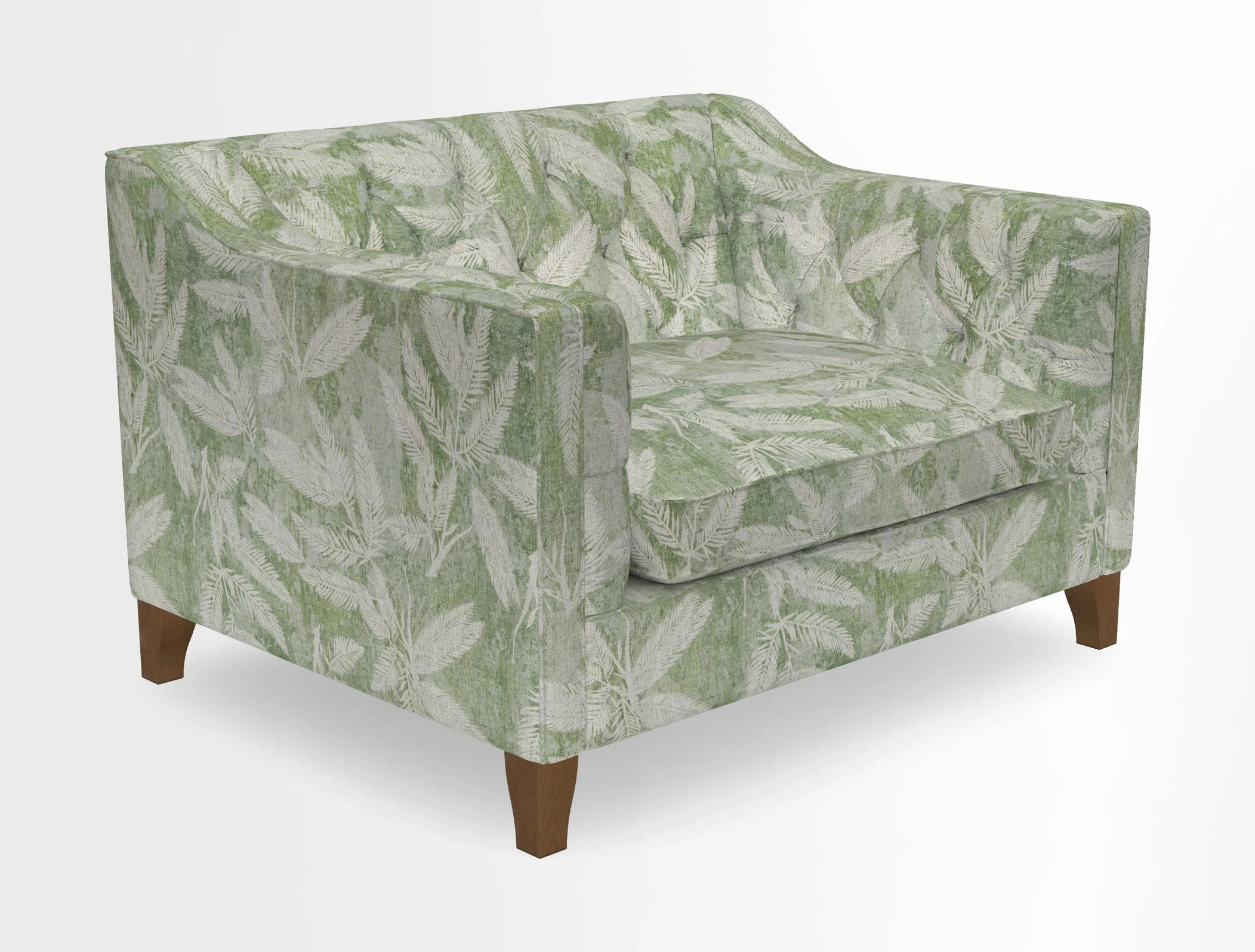 Haresfield Snuggler Dipped Arms in Mohair Lichen Seat Cushion in RHS Gertrude Jekyll Meadow Flower Olive and Scatters in RHS Gertrude Jekyll Folklore Olive