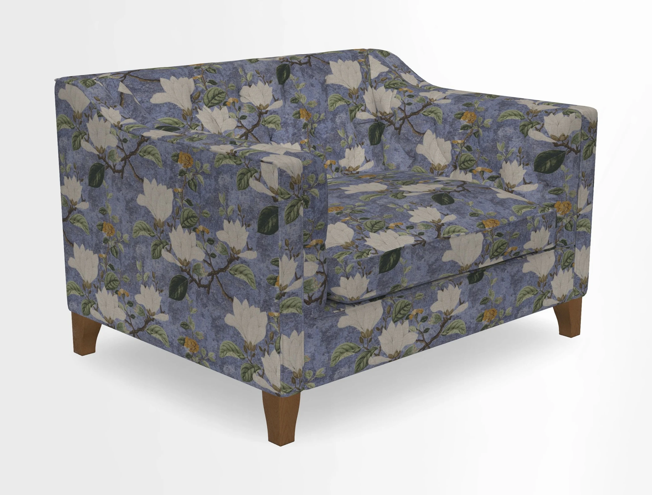 Haresfield Snuggler Dipped Arms in Mohair Lichen Seat Cushion in RHS Gertrude Jekyll Meadow Flower Olive and Scatters in RHS Gertrude Jekyll Folklore Olive