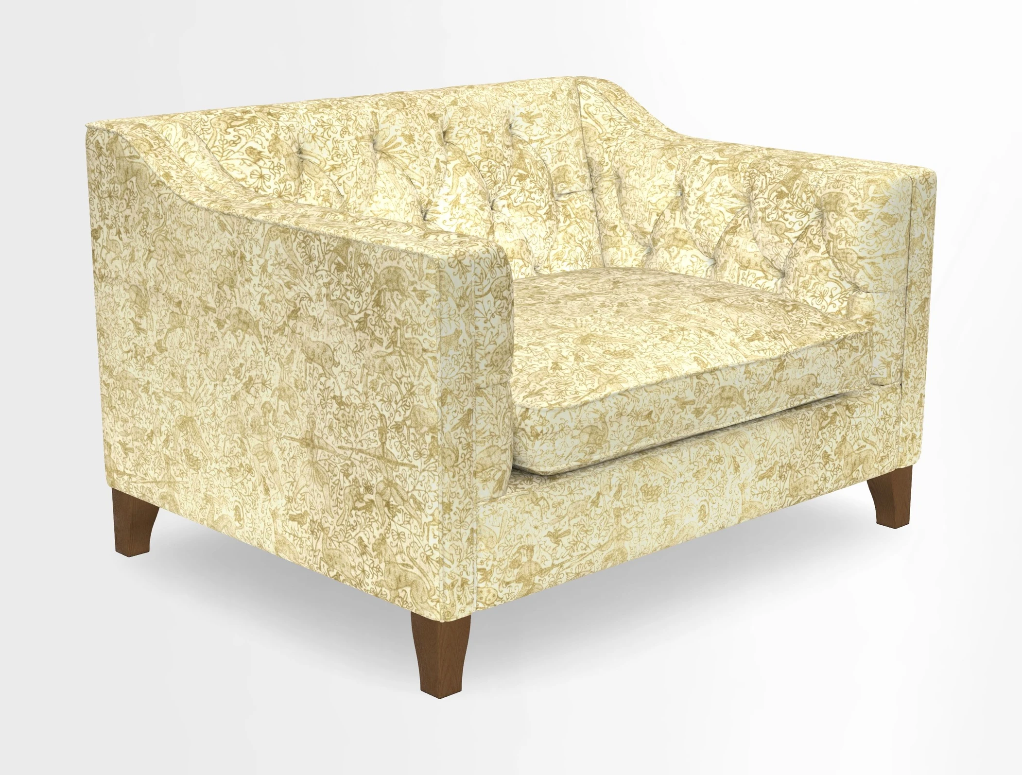 Haresfield Snuggler Dipped Arms in Mohair Lichen Seat Cushion in RHS Gertrude Jekyll Meadow Flower Olive and Scatters in RHS Gertrude Jekyll Folklore Olive