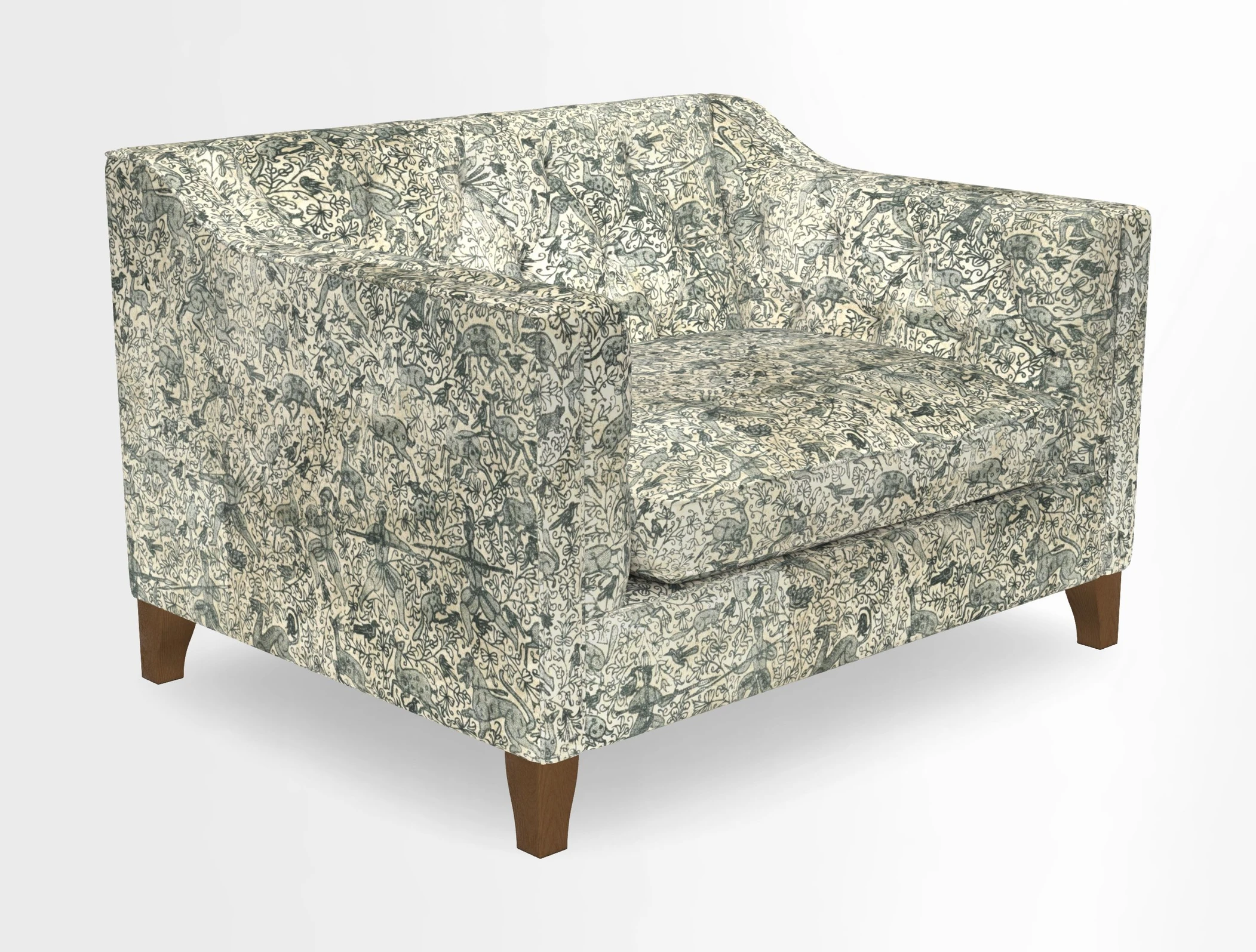 Haresfield Snuggler Dipped Arms in Mohair Lichen Seat Cushion in RHS Gertrude Jekyll Meadow Flower Olive and Scatters in RHS Gertrude Jekyll Folklore Olive
