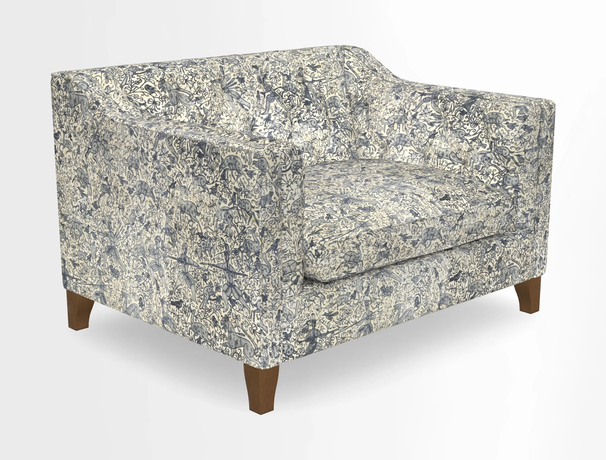 Haresfield Snuggler Dipped Arms in Mohair Lichen Seat Cushion in RHS Gertrude Jekyll Meadow Flower Olive and Scatters in RHS Gertrude Jekyll Folklore Olive