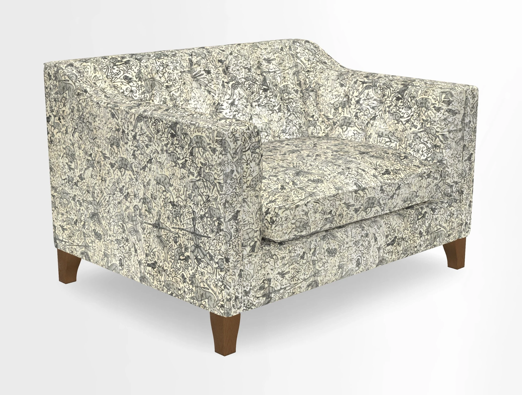 Haresfield Snuggler Dipped Arms in Mohair Lichen Seat Cushion in RHS Gertrude Jekyll Meadow Flower Olive and Scatters in RHS Gertrude Jekyll Folklore Olive