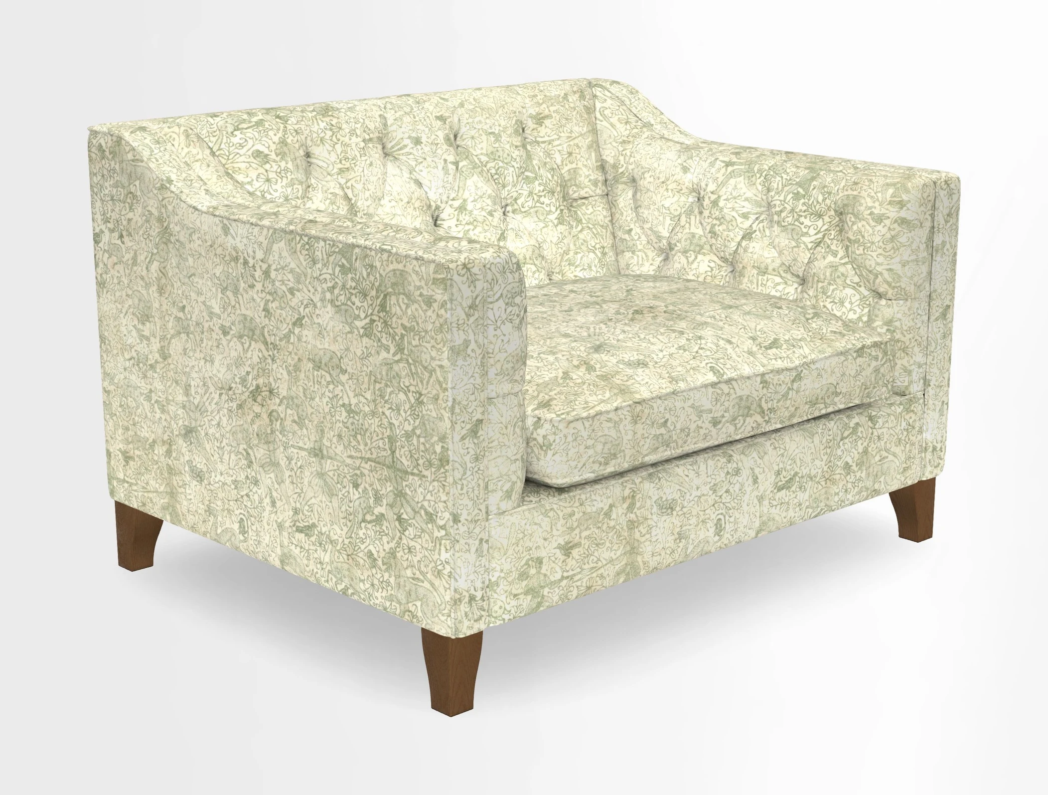 Haresfield Snuggler Dipped Arms in Mohair Lichen Seat Cushion in RHS Gertrude Jekyll Meadow Flower Olive and Scatters in RHS Gertrude Jekyll Folklore Olive