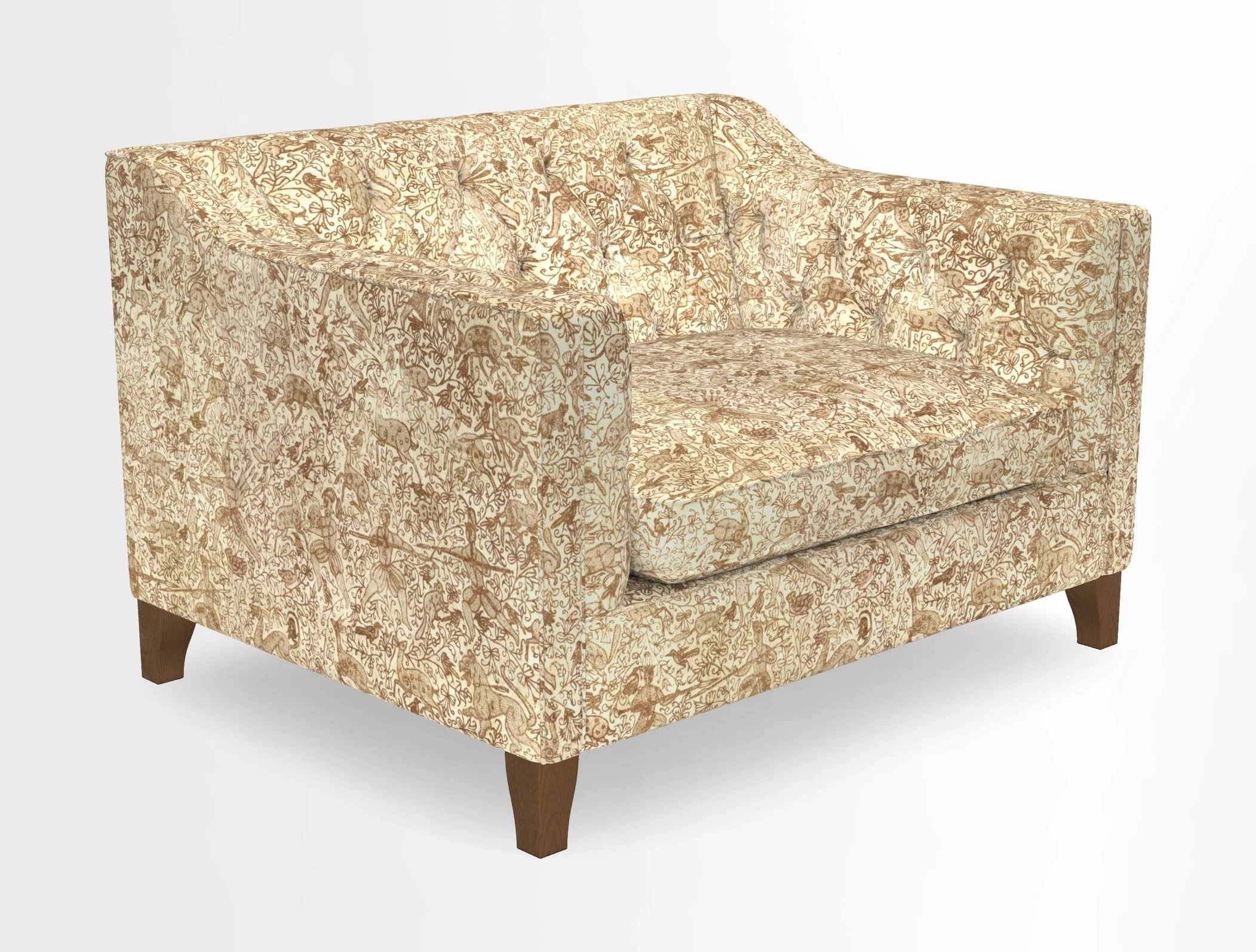 Haresfield Snuggler Dipped Arms in Mohair Lichen Seat Cushion in RHS Gertrude Jekyll Meadow Flower Olive and Scatters in RHS Gertrude Jekyll Folklore Olive