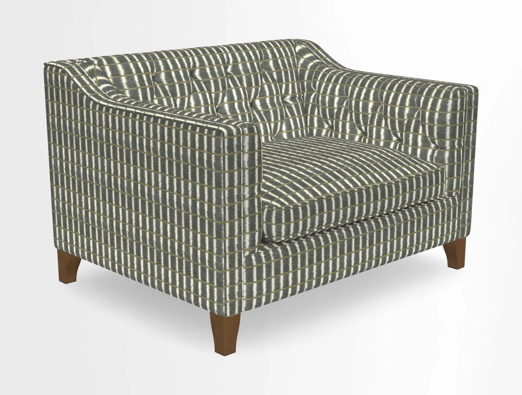Haresfield Snuggler Dipped Arms in Mohair Lichen Seat Cushion in RHS Gertrude Jekyll Meadow Flower Olive and Scatters in RHS Gertrude Jekyll Folklore Olive