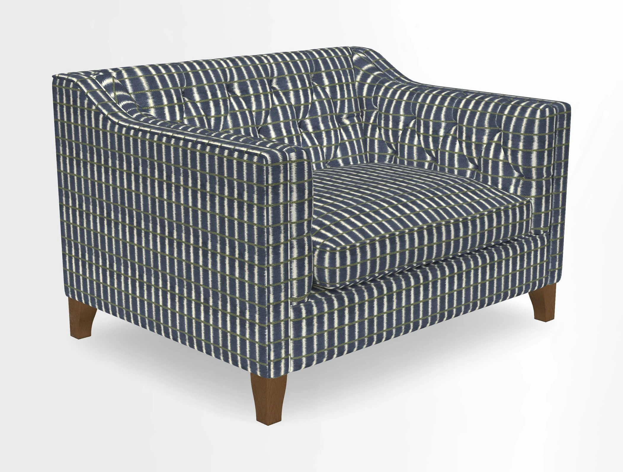 Haresfield Snuggler Dipped Arms in Mohair Lichen Seat Cushion in RHS Gertrude Jekyll Meadow Flower Olive and Scatters in RHS Gertrude Jekyll Folklore Olive