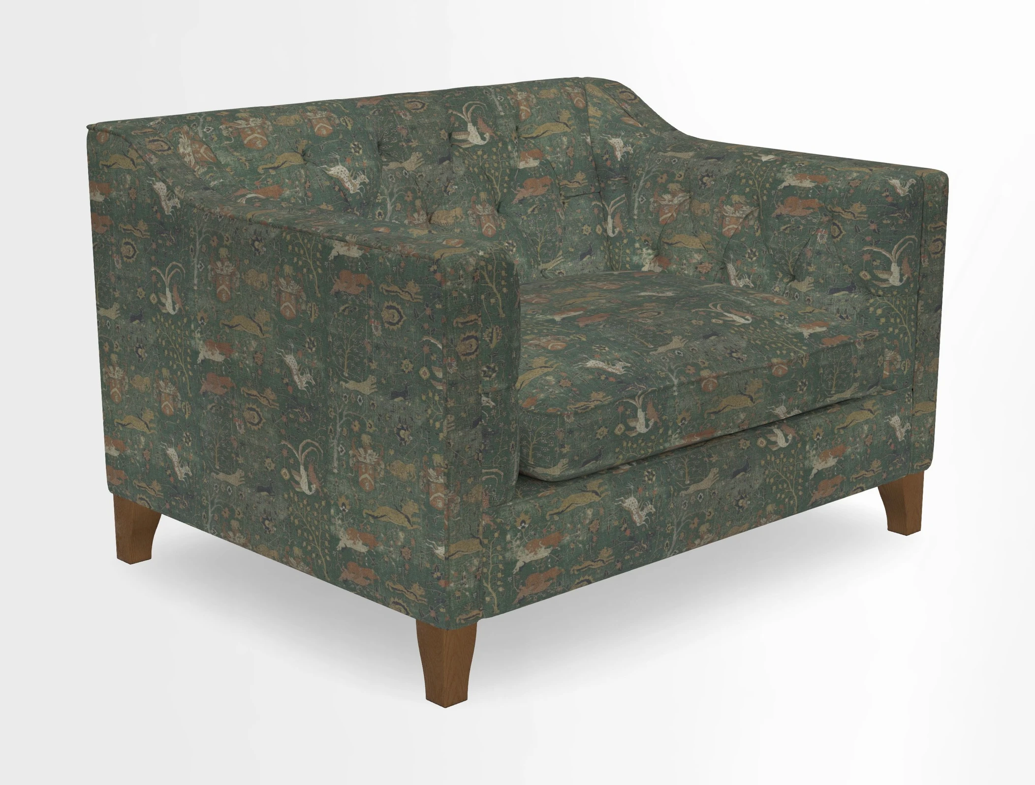 Haresfield Snuggler Dipped Arms in Mohair Lichen Seat Cushion in RHS Gertrude Jekyll Meadow Flower Olive and Scatters in RHS Gertrude Jekyll Folklore Olive