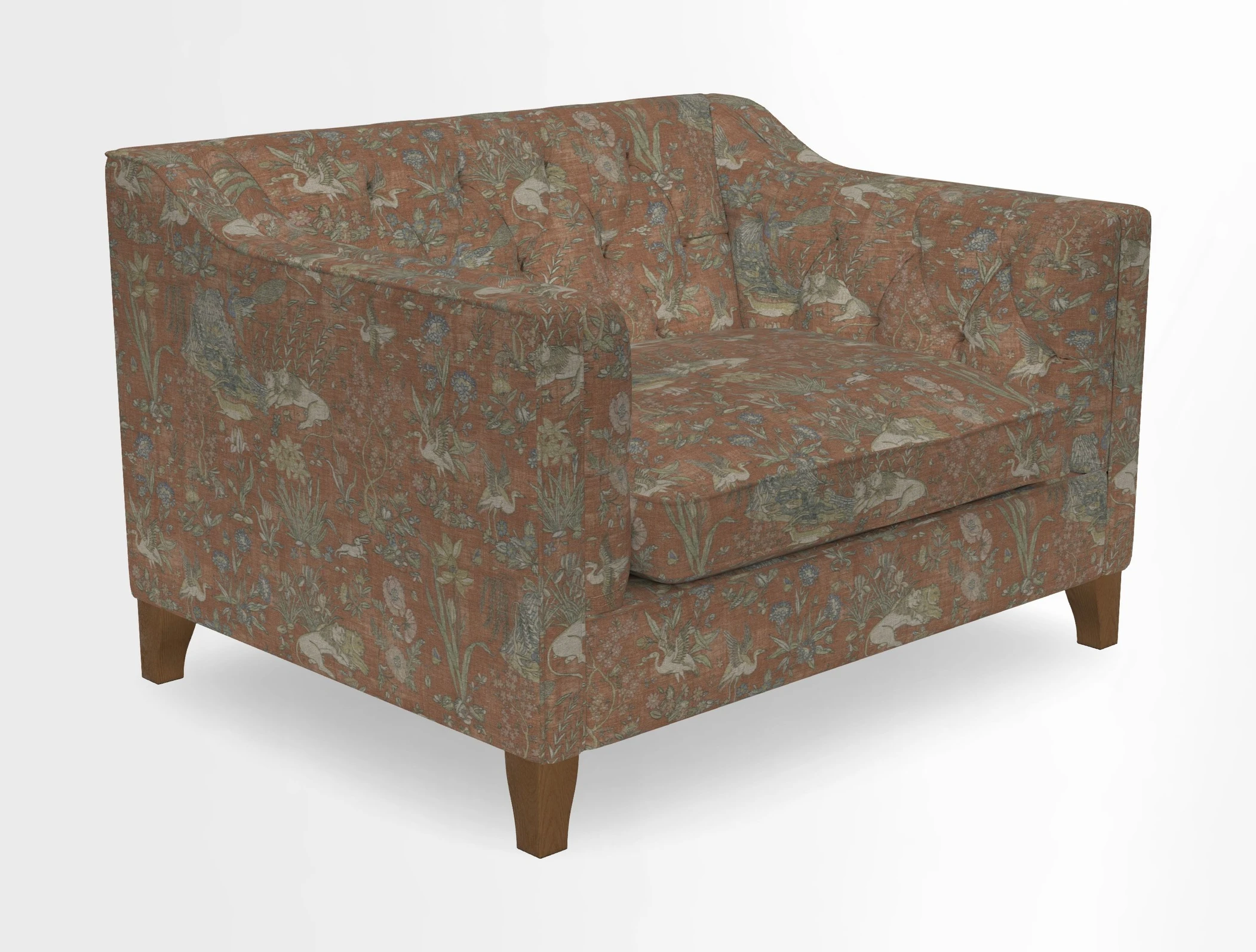 Haresfield Snuggler Dipped Arms in Mohair Lichen Seat Cushion in RHS Gertrude Jekyll Meadow Flower Olive and Scatters in RHS Gertrude Jekyll Folklore Olive