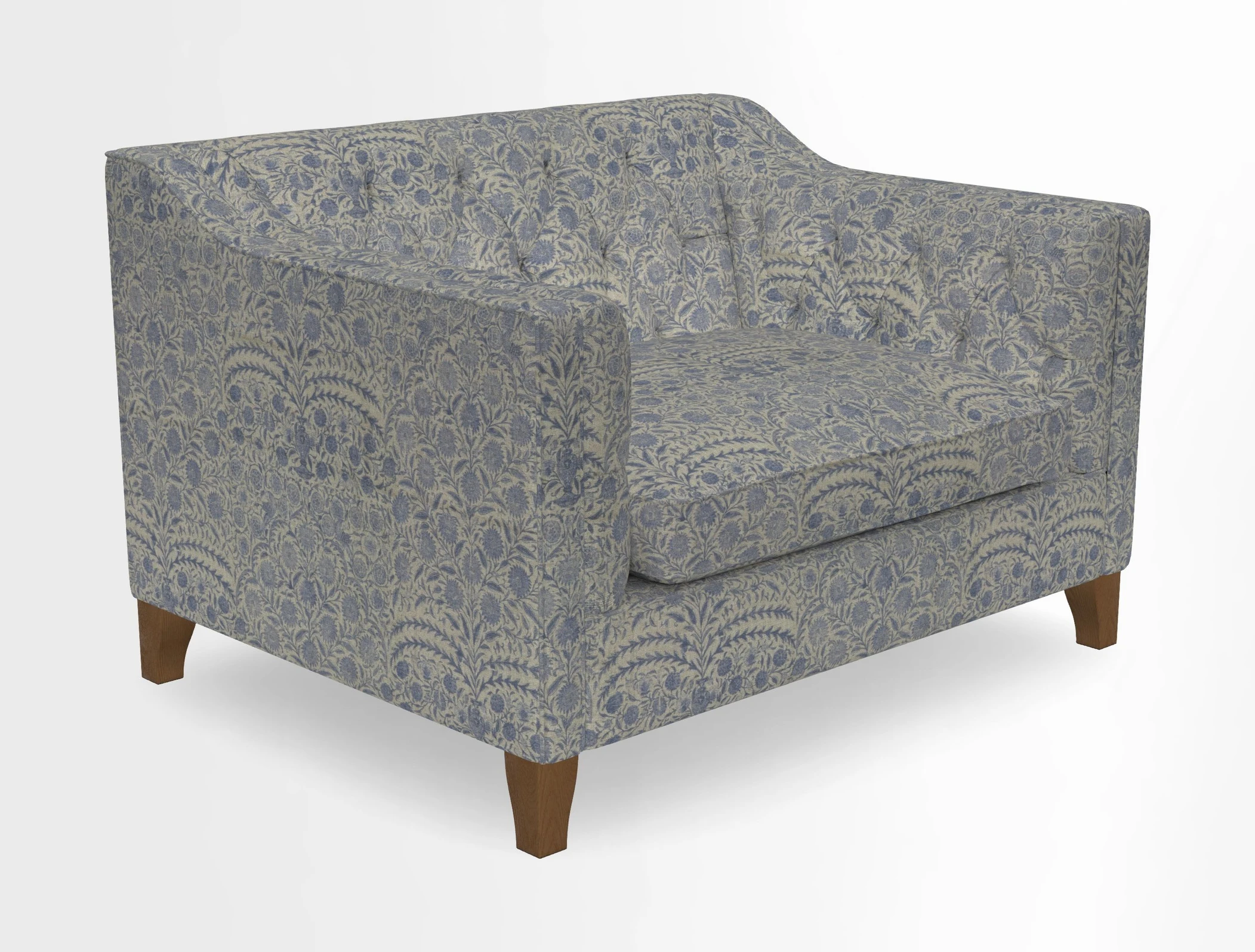 Haresfield Snuggler Dipped Arms in Mohair Lichen Seat Cushion in RHS Gertrude Jekyll Meadow Flower Olive and Scatters in RHS Gertrude Jekyll Folklore Olive