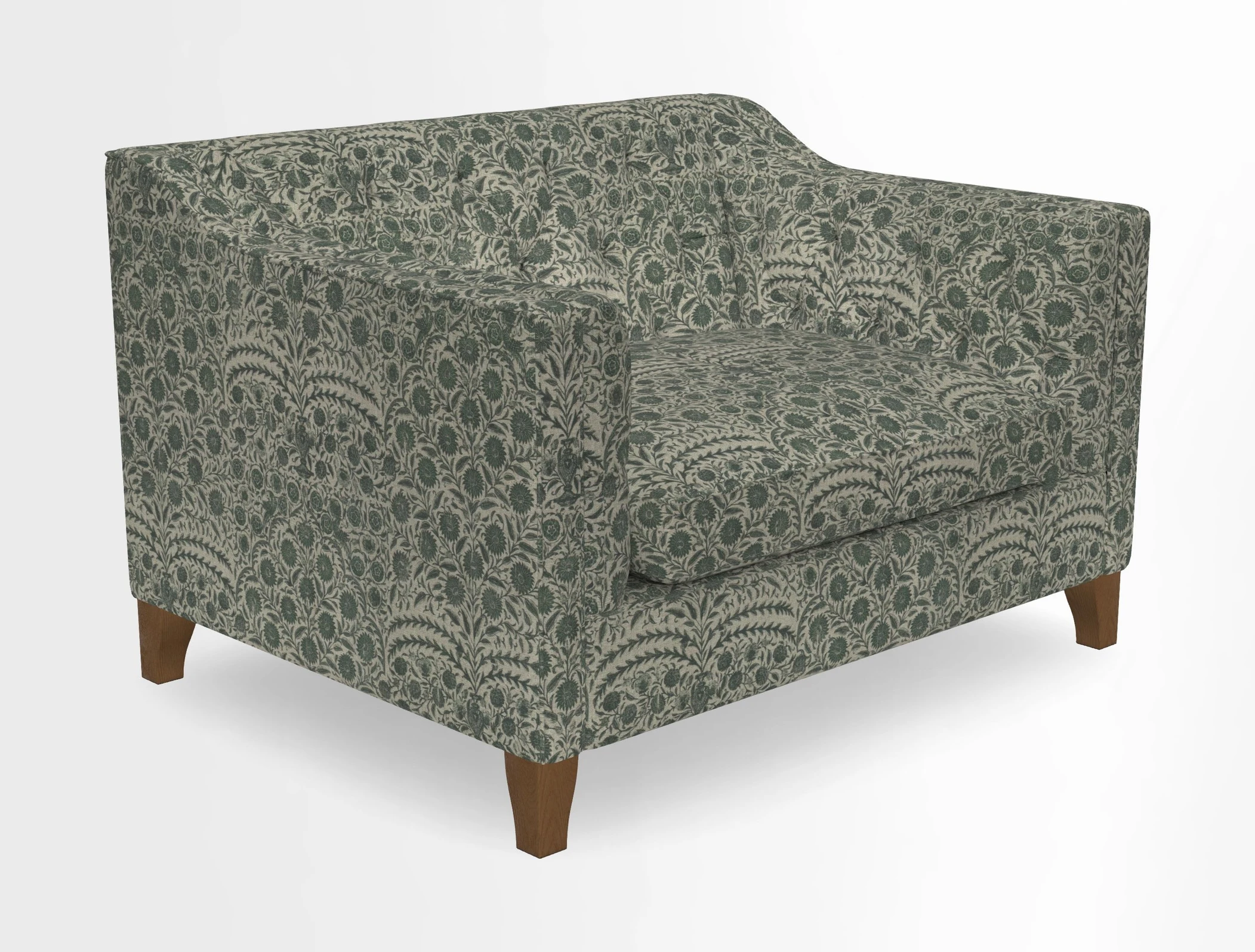 Haresfield Snuggler Dipped Arms in Mohair Lichen Seat Cushion in RHS Gertrude Jekyll Meadow Flower Olive and Scatters in RHS Gertrude Jekyll Folklore Olive