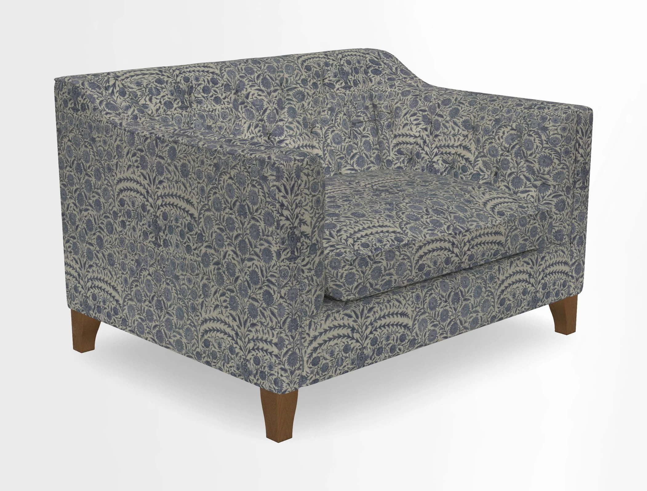 Haresfield Snuggler Dipped Arms in Mohair Lichen Seat Cushion in RHS Gertrude Jekyll Meadow Flower Olive and Scatters in RHS Gertrude Jekyll Folklore Olive