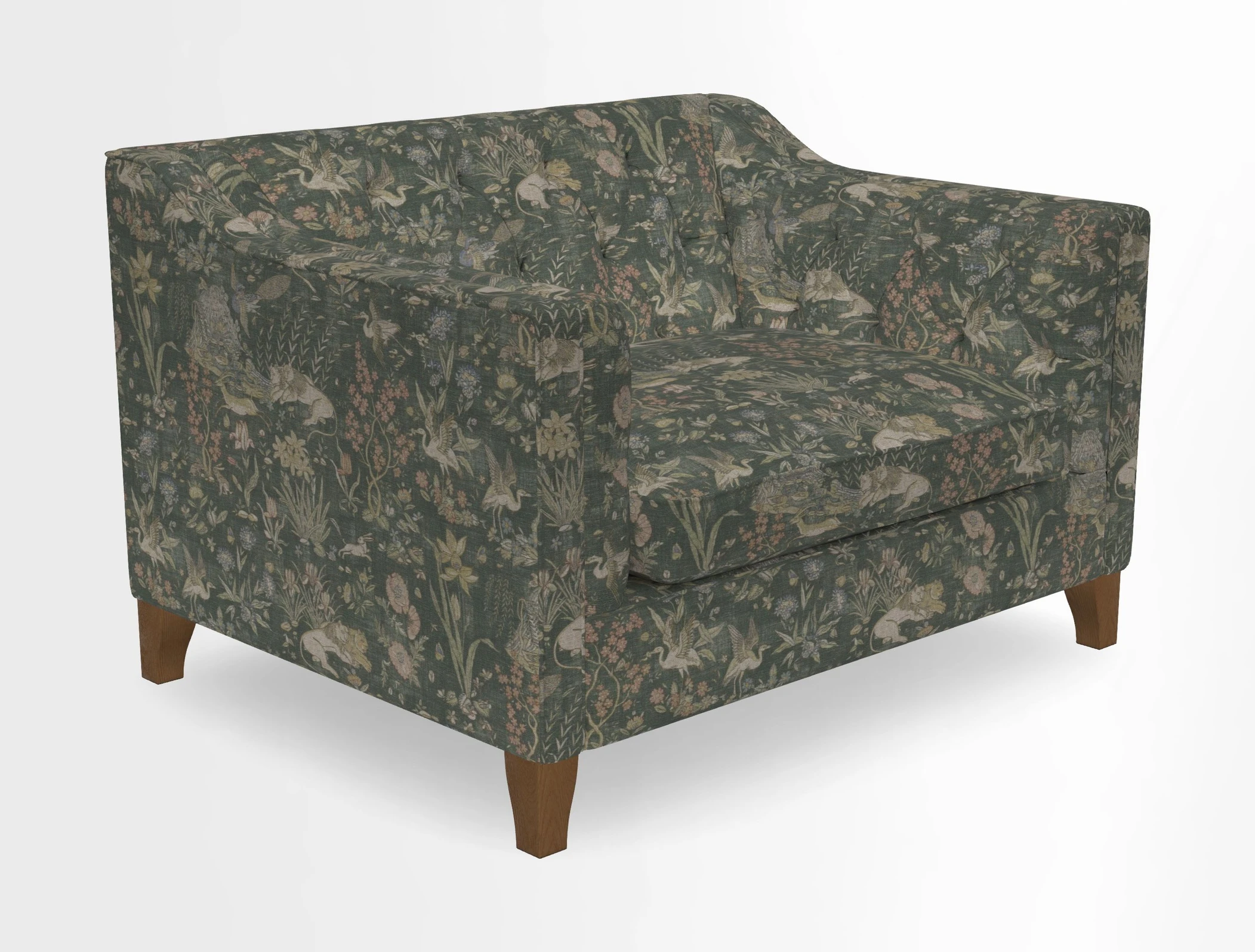 Haresfield Snuggler Dipped Arms in Mohair Lichen Seat Cushion in RHS Gertrude Jekyll Meadow Flower Olive and Scatters in RHS Gertrude Jekyll Folklore Olive