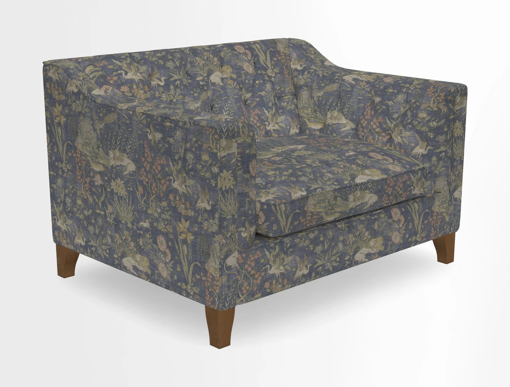 Haresfield Snuggler Dipped Arms in Mohair Lichen Seat Cushion in RHS Gertrude Jekyll Meadow Flower Olive and Scatters in RHS Gertrude Jekyll Folklore Olive