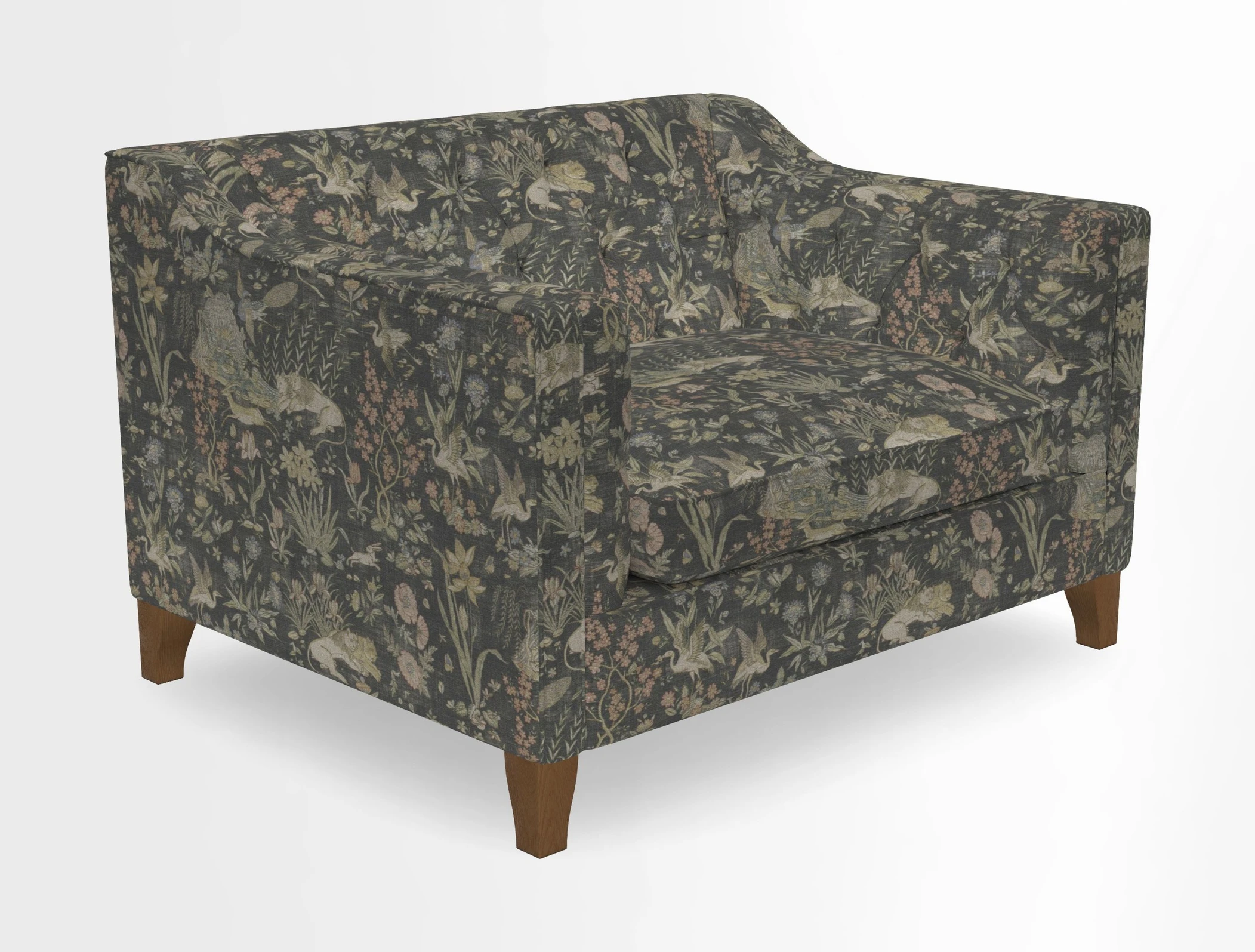 Haresfield Snuggler Dipped Arms in Mohair Lichen Seat Cushion in RHS Gertrude Jekyll Meadow Flower Olive and Scatters in RHS Gertrude Jekyll Folklore Olive