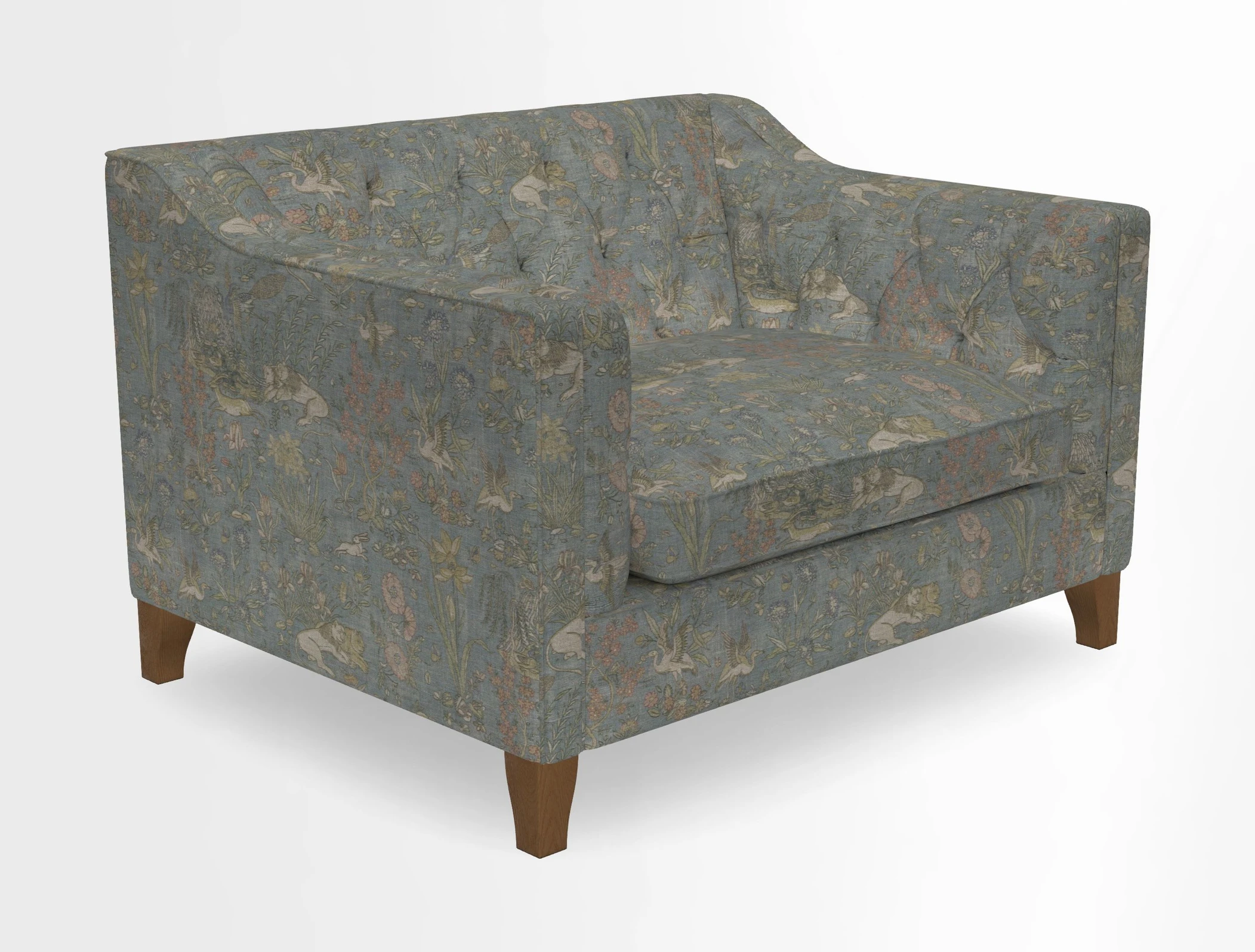 Haresfield Snuggler Dipped Arms in Mohair Lichen Seat Cushion in RHS Gertrude Jekyll Meadow Flower Olive and Scatters in RHS Gertrude Jekyll Folklore Olive