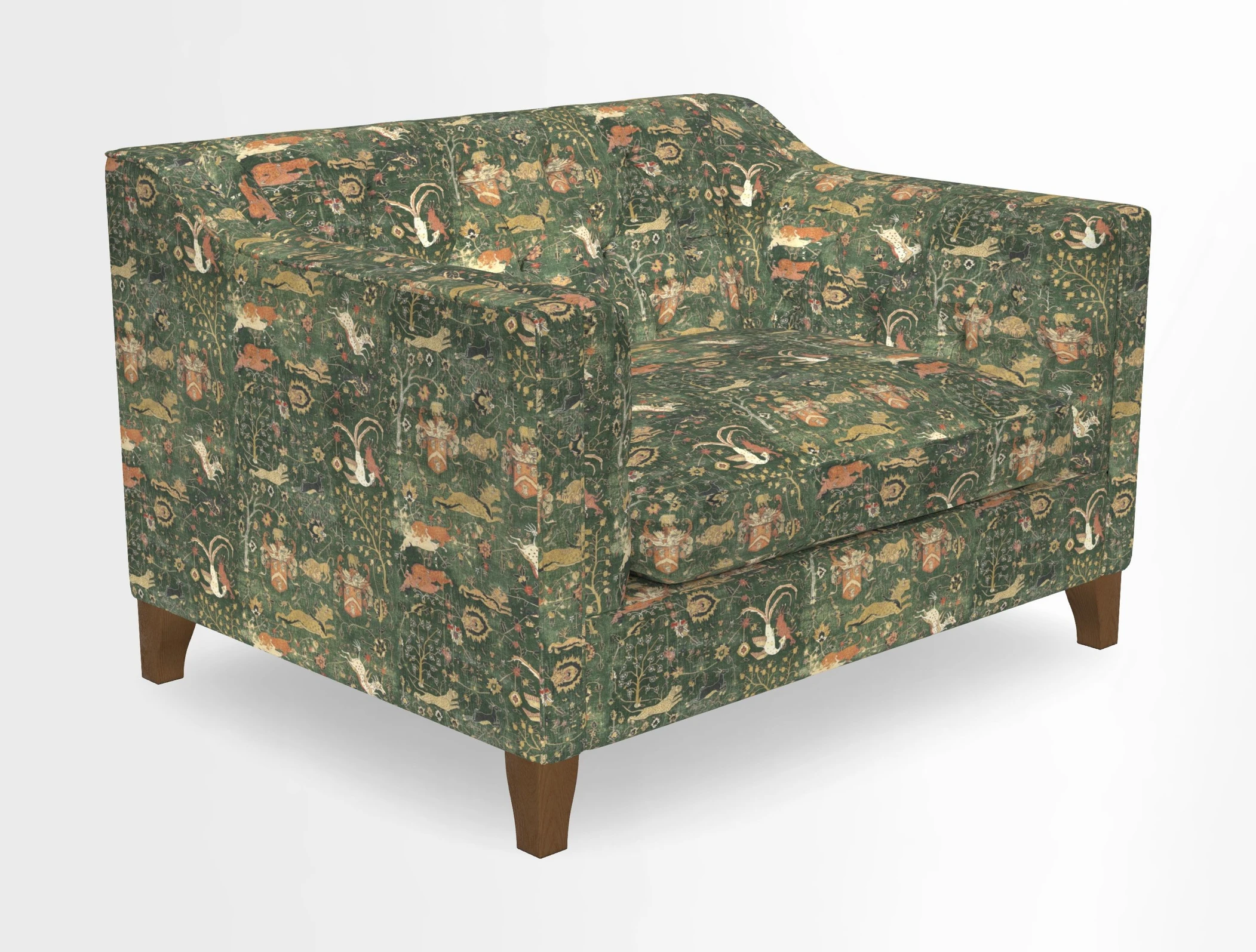 Haresfield Snuggler Dipped Arms in Mohair Lichen Seat Cushion in RHS Gertrude Jekyll Meadow Flower Olive and Scatters in RHS Gertrude Jekyll Folklore Olive