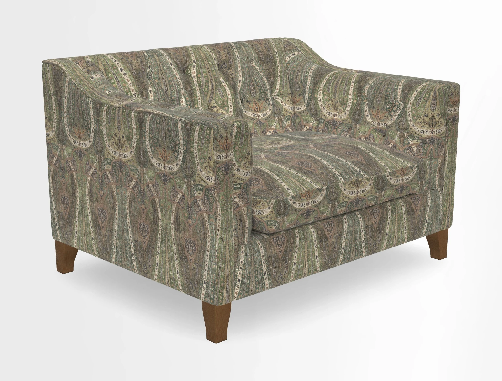 Haresfield Snuggler Dipped Arms in Mohair Lichen Seat Cushion in RHS Gertrude Jekyll Meadow Flower Olive and Scatters in RHS Gertrude Jekyll Folklore Olive