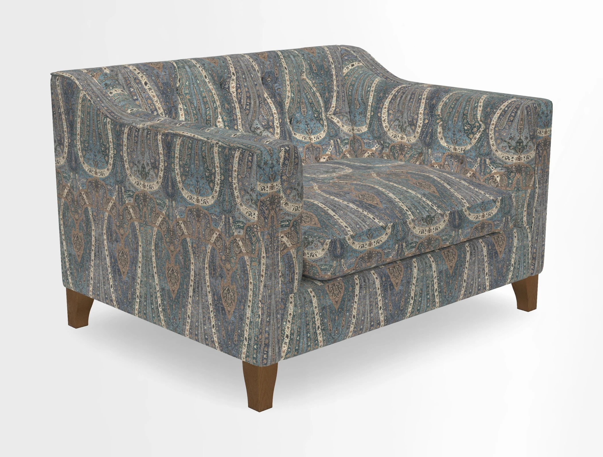 Haresfield Snuggler Dipped Arms in Mohair Lichen Seat Cushion in RHS Gertrude Jekyll Meadow Flower Olive and Scatters in RHS Gertrude Jekyll Folklore Olive