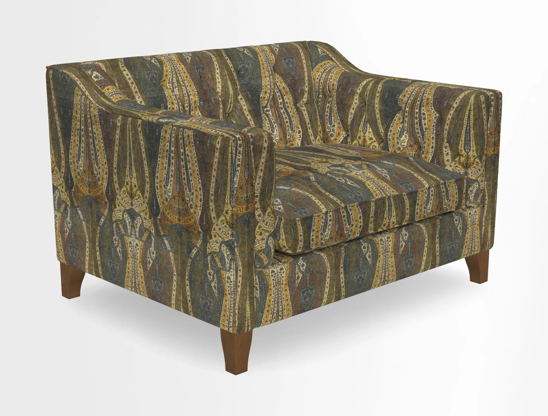 Haresfield Snuggler Dipped Arms in Mohair Lichen Seat Cushion in RHS Gertrude Jekyll Meadow Flower Olive and Scatters in RHS Gertrude Jekyll Folklore Olive