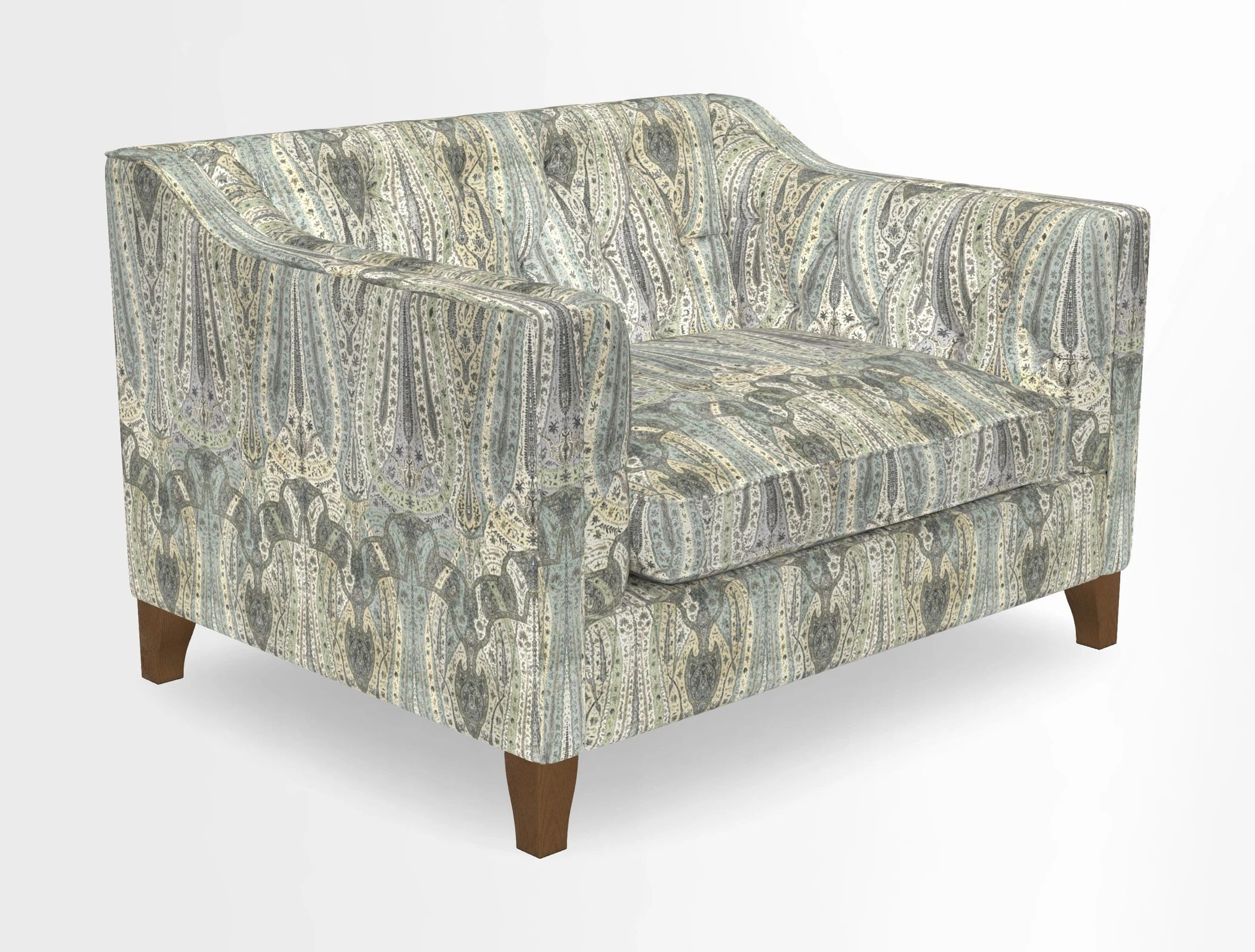 Haresfield Snuggler Dipped Arms in Mohair Lichen Seat Cushion in RHS Gertrude Jekyll Meadow Flower Olive and Scatters in RHS Gertrude Jekyll Folklore Olive