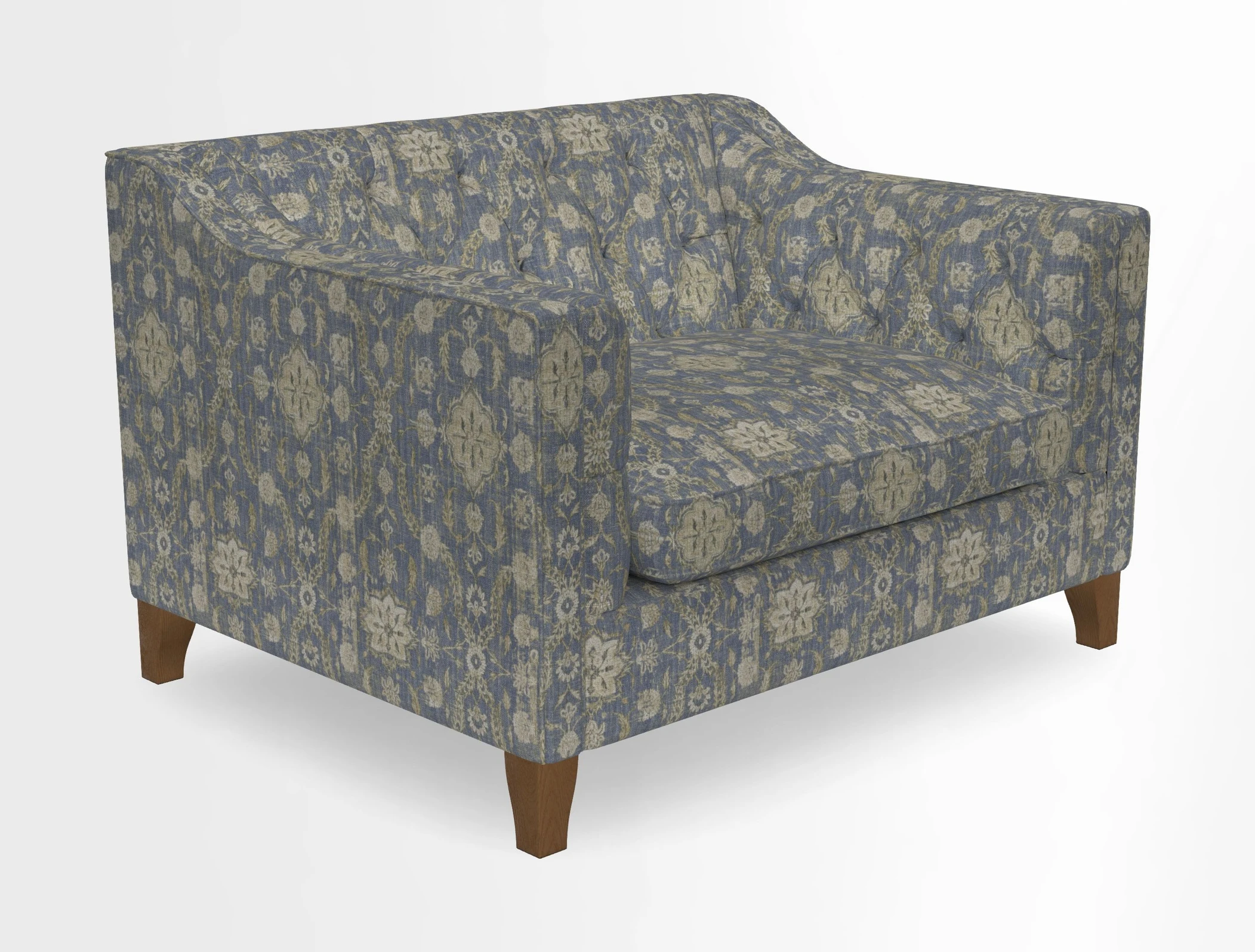 Haresfield Snuggler Dipped Arms in Mohair Lichen Seat Cushion in RHS Gertrude Jekyll Meadow Flower Olive and Scatters in RHS Gertrude Jekyll Folklore Olive