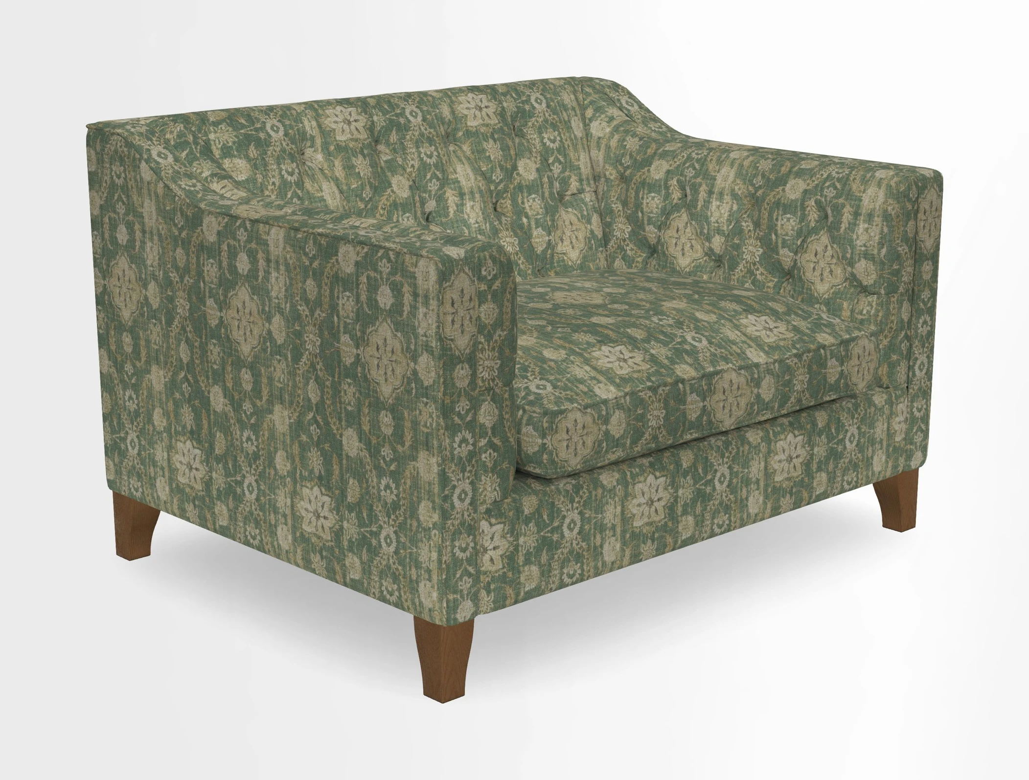 Haresfield Snuggler Dipped Arms in Mohair Lichen Seat Cushion in RHS Gertrude Jekyll Meadow Flower Olive and Scatters in RHS Gertrude Jekyll Folklore Olive