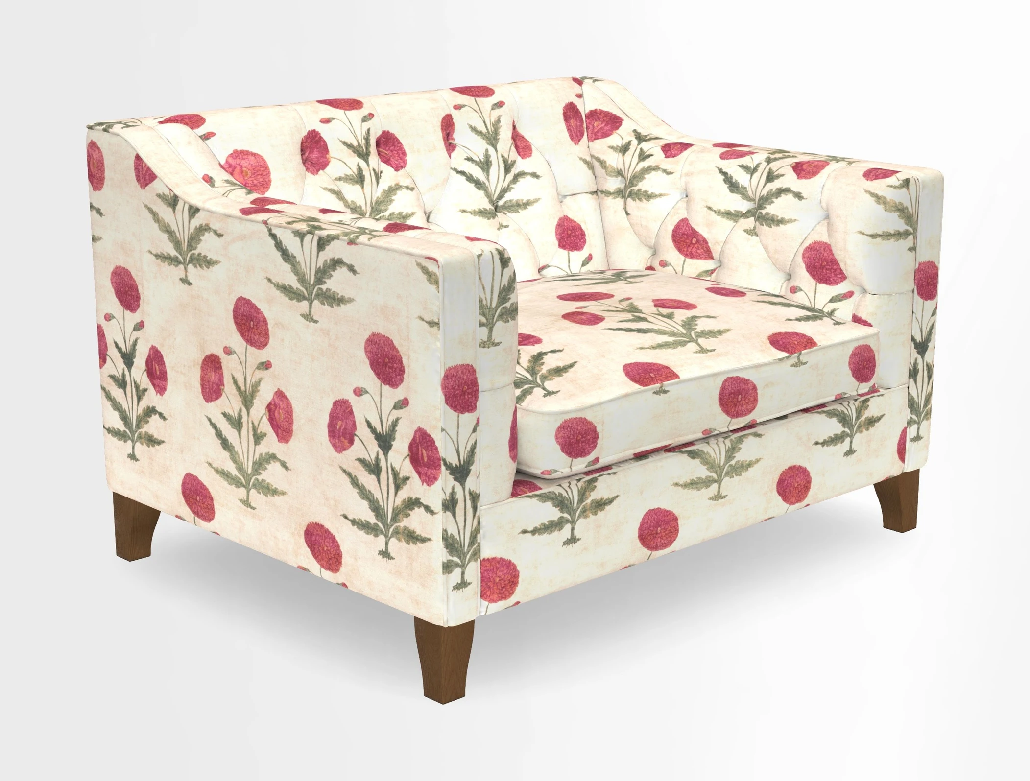 Haresfield Snuggler Dipped Arms in Mohair Lichen Seat Cushion in RHS Gertrude Jekyll Meadow Flower Olive and Scatters in RHS Gertrude Jekyll Folklore Olive