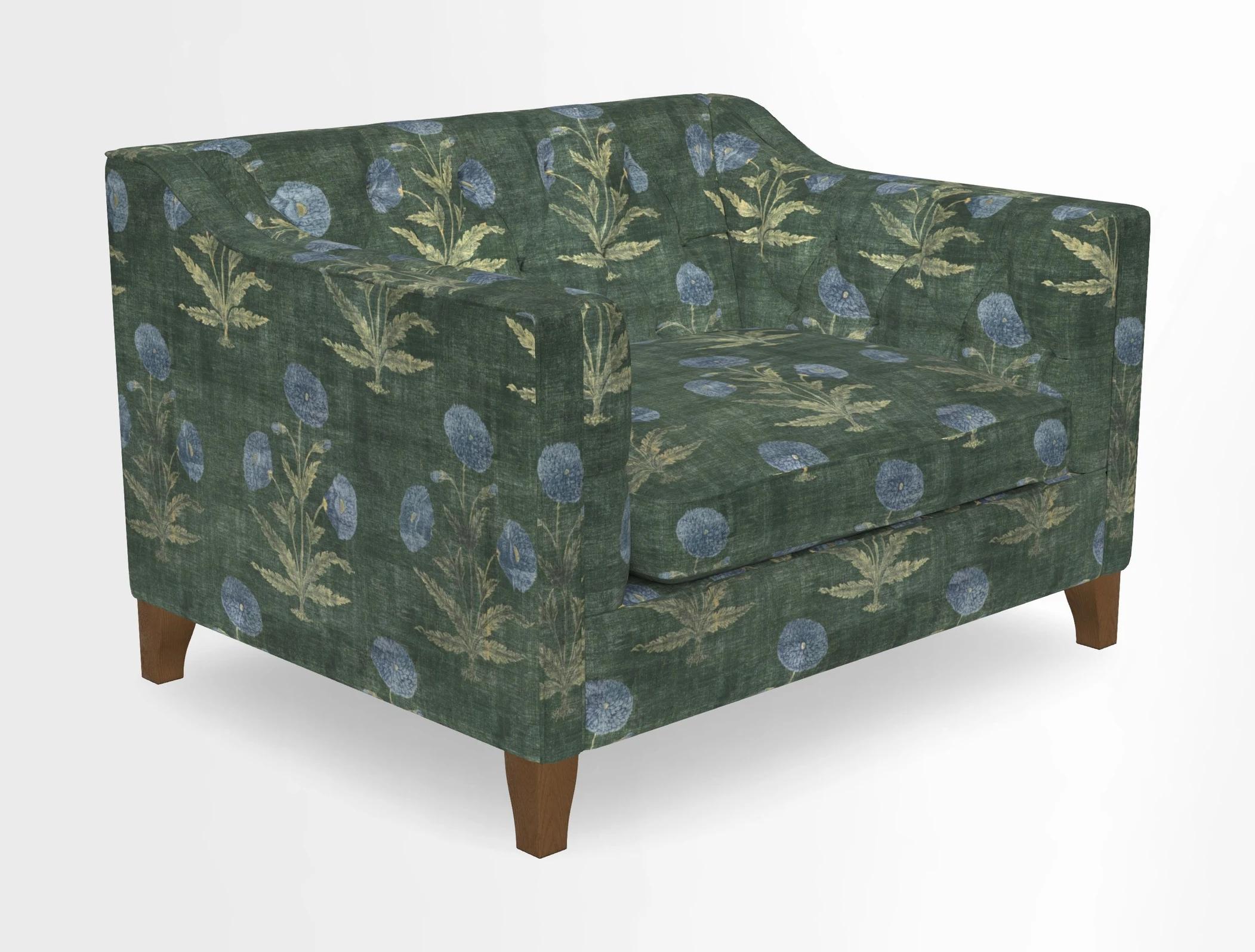 Haresfield Snuggler Dipped Arms in Mohair Lichen Seat Cushion in RHS Gertrude Jekyll Meadow Flower Olive and Scatters in RHS Gertrude Jekyll Folklore Olive