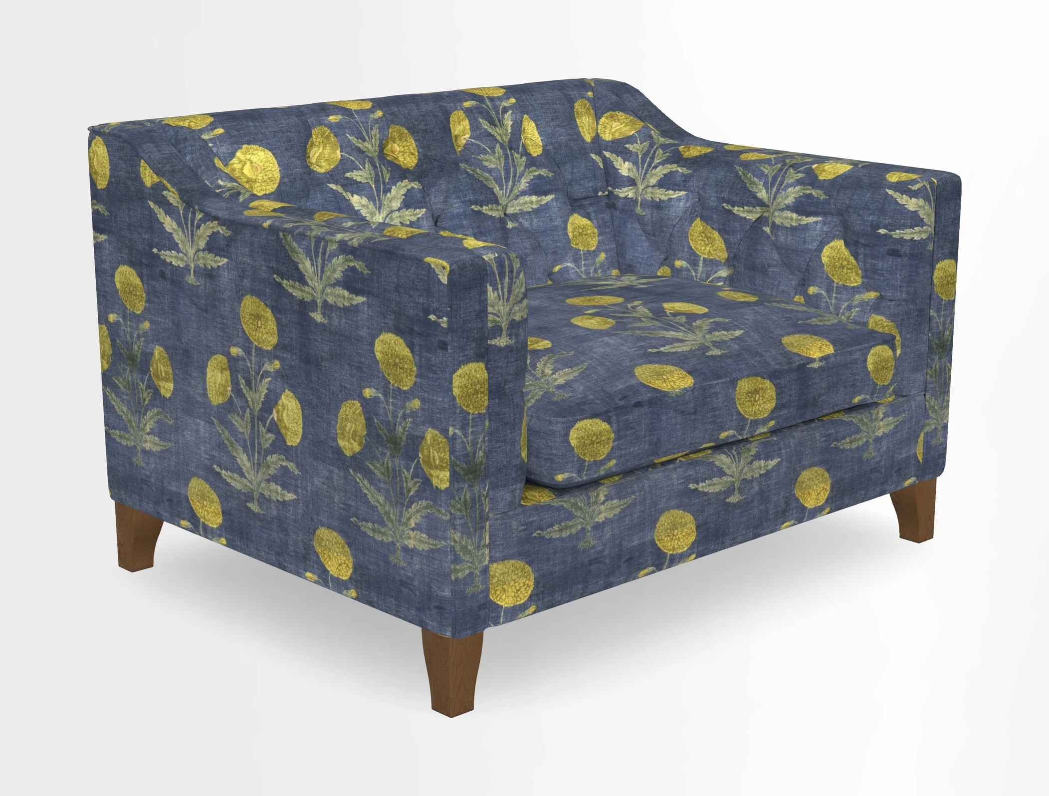Haresfield Snuggler Dipped Arms in Mohair Lichen Seat Cushion in RHS Gertrude Jekyll Meadow Flower Olive and Scatters in RHS Gertrude Jekyll Folklore Olive