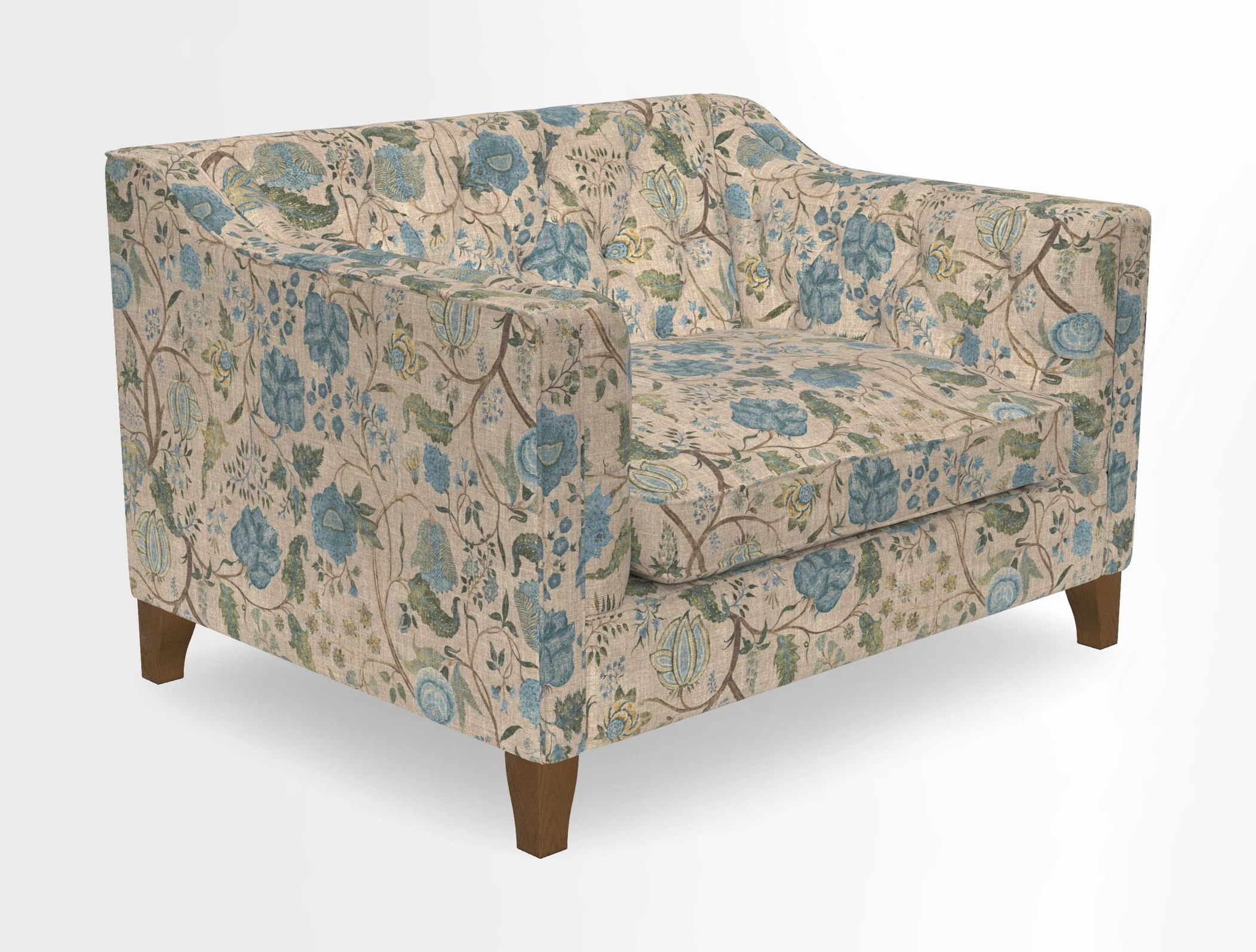 Haresfield Snuggler Dipped Arms in Mohair Lichen Seat Cushion in RHS Gertrude Jekyll Meadow Flower Olive and Scatters in RHS Gertrude Jekyll Folklore Olive