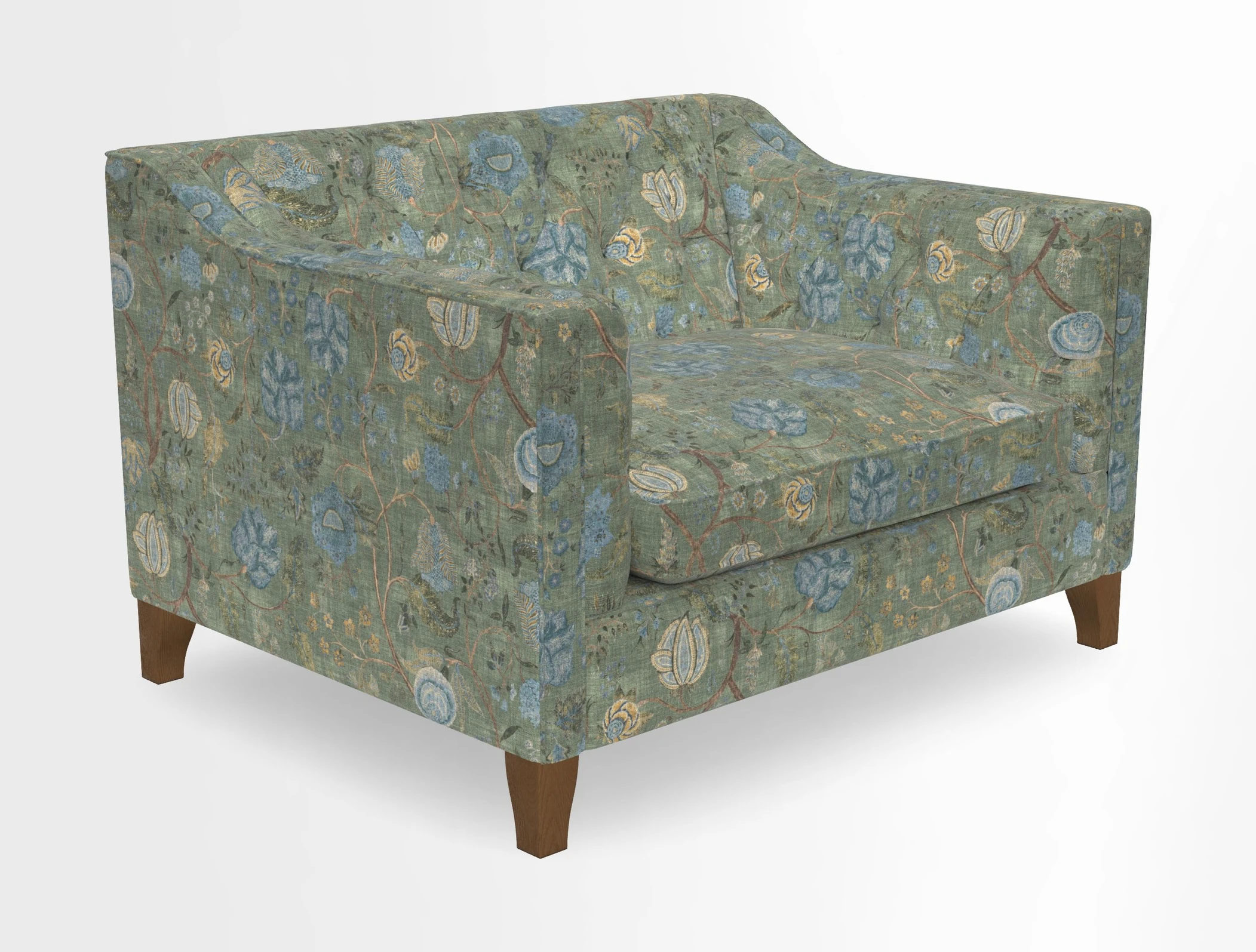 Haresfield Snuggler Dipped Arms in Mohair Lichen Seat Cushion in RHS Gertrude Jekyll Meadow Flower Olive and Scatters in RHS Gertrude Jekyll Folklore Olive