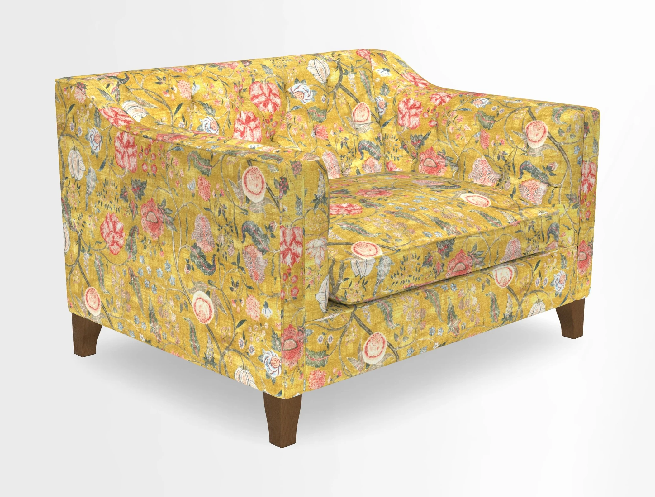 Haresfield Snuggler Dipped Arms in Mohair Lichen Seat Cushion in RHS Gertrude Jekyll Meadow Flower Olive and Scatters in RHS Gertrude Jekyll Folklore Olive