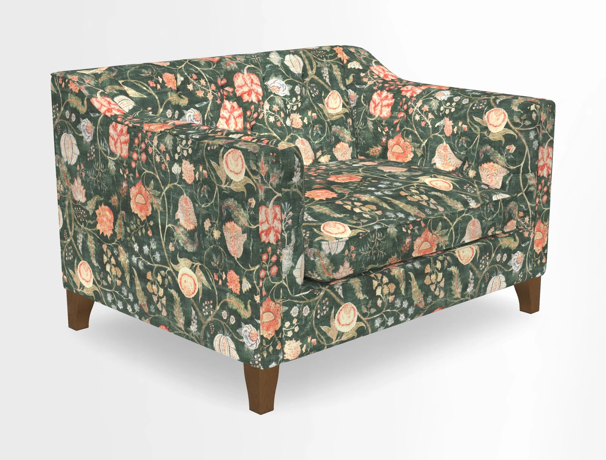 Haresfield Snuggler Dipped Arms in Mohair Lichen Seat Cushion in RHS Gertrude Jekyll Meadow Flower Olive and Scatters in RHS Gertrude Jekyll Folklore Olive