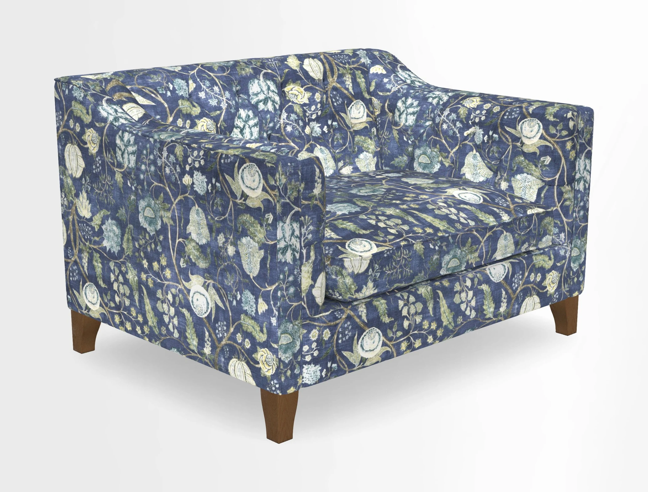 Haresfield Snuggler Dipped Arms in Mohair Lichen Seat Cushion in RHS Gertrude Jekyll Meadow Flower Olive and Scatters in RHS Gertrude Jekyll Folklore Olive