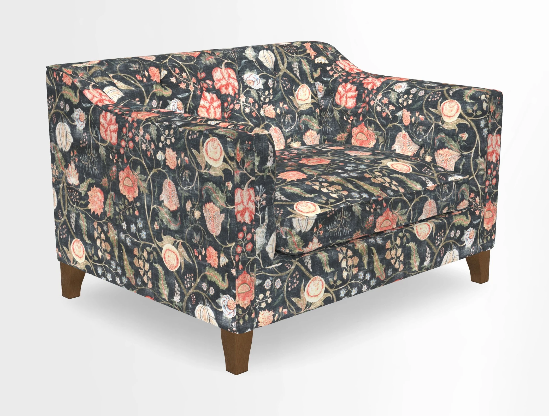 Haresfield Snuggler Dipped Arms in Mohair Lichen Seat Cushion in RHS Gertrude Jekyll Meadow Flower Olive and Scatters in RHS Gertrude Jekyll Folklore Olive