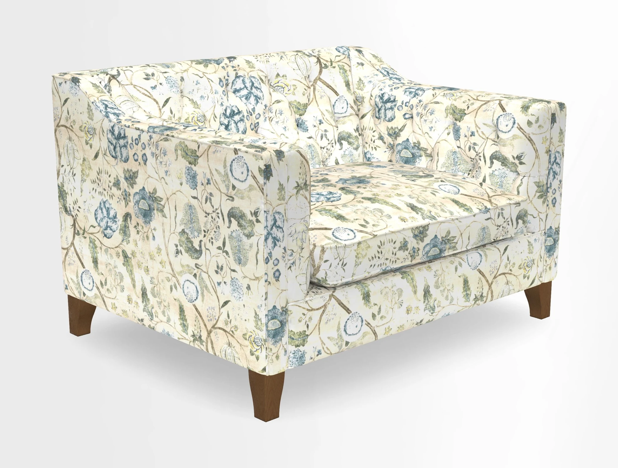 Haresfield Snuggler Dipped Arms in Mohair Lichen Seat Cushion in RHS Gertrude Jekyll Meadow Flower Olive and Scatters in RHS Gertrude Jekyll Folklore Olive