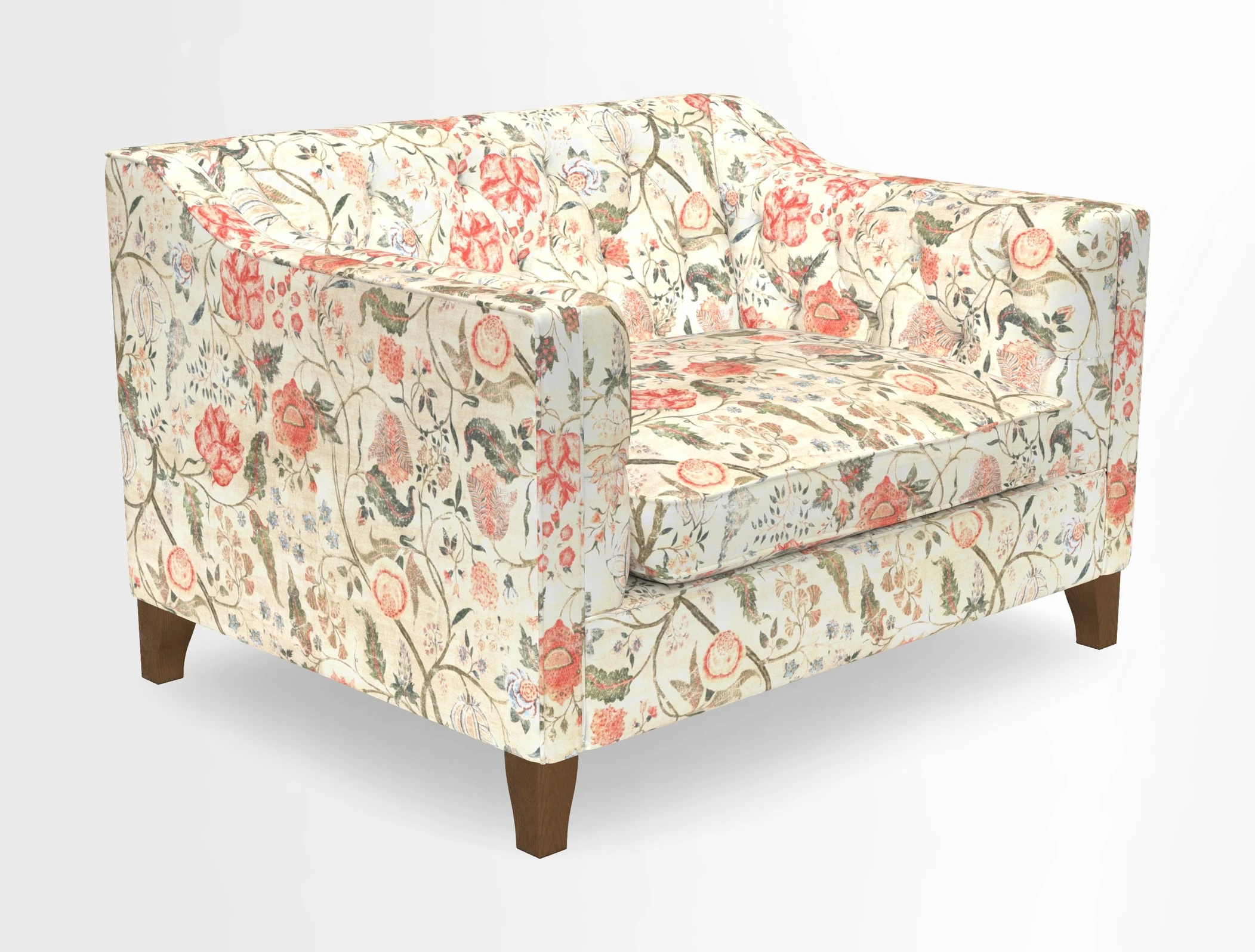 Haresfield Snuggler Dipped Arms in Mohair Lichen Seat Cushion in RHS Gertrude Jekyll Meadow Flower Olive and Scatters in RHS Gertrude Jekyll Folklore Olive